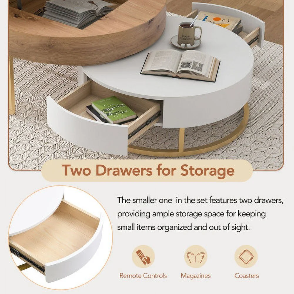 Topline Tackle Modern Round Lift-top Nesting Coffee Tables with 2 Drawers White & Natural