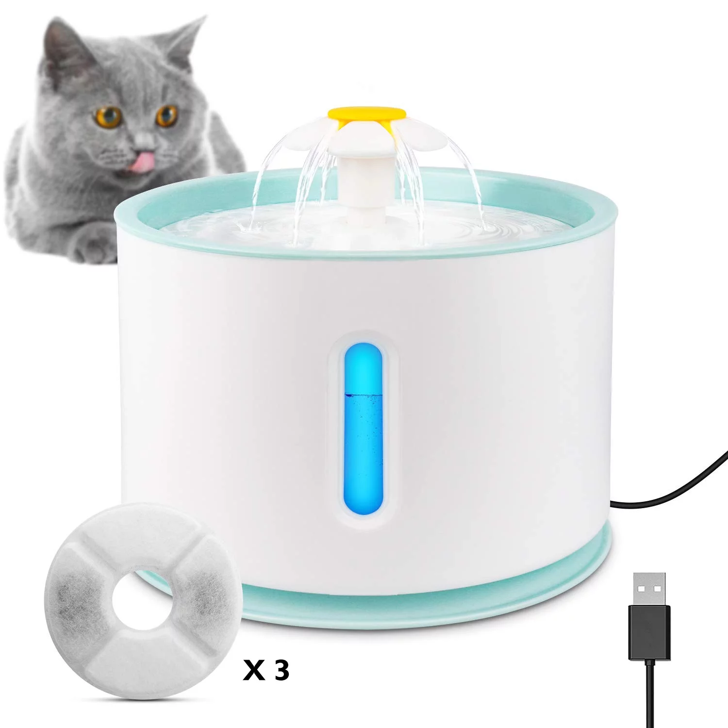 Petlivat Cat Water Fountain, Energy Saving Smart Pump w/ LED Light, 81oz/2.4L, 3 Filters Included, Automatic Water Fountain for Cats & Dogs