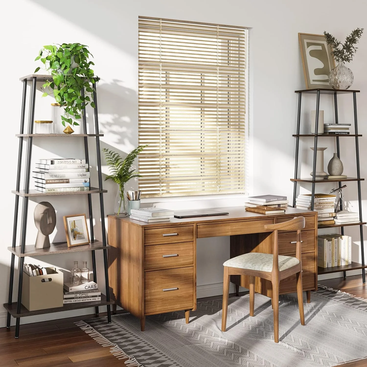 5 Tiered Bookshelf, Ladder Shelf Etagere Bookcase, Wood and Metal Bathroom Storage, Display Freestanding Open Storage Rack for Living Room Bedroom Bathroom Kitchen Office, Gray Oak