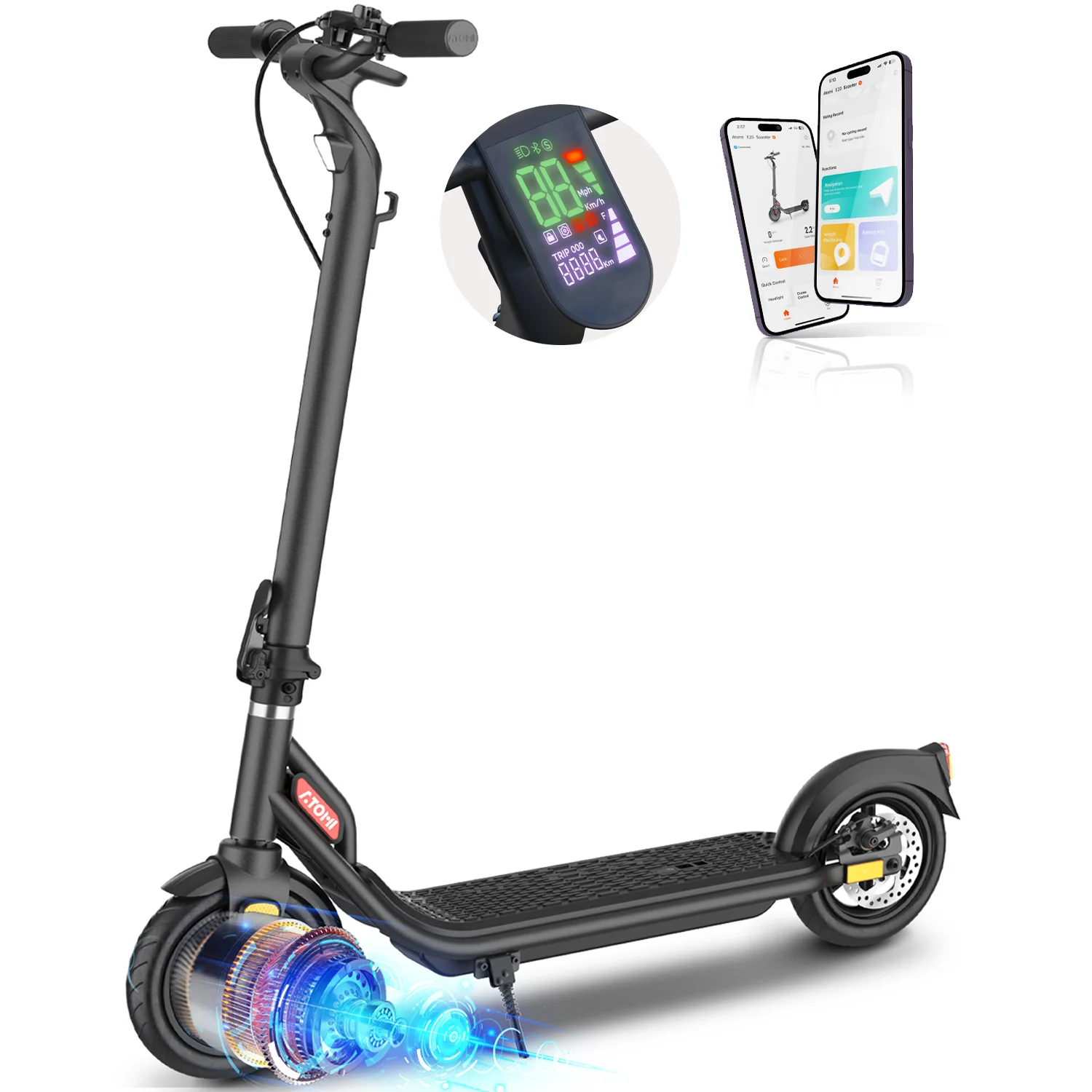 ATOMI E20 Electric Scooter - 500W Motor, 19 Miles Long Range, 15.6 Mph Speed, Smart Foldable Commuting Scooter for Adults and Kids