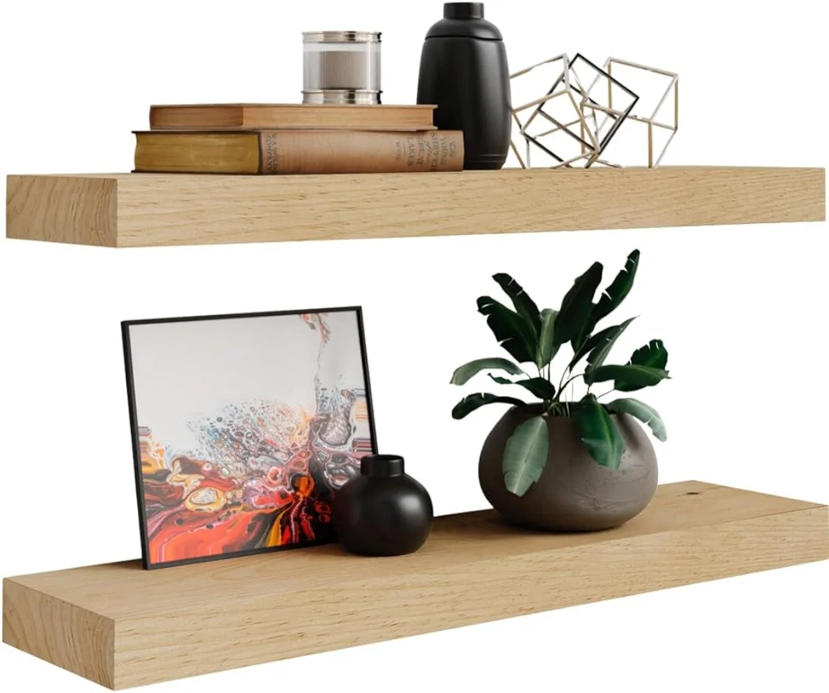Floating Wall Shelves Set of 2 - Functional & Rustic Wooden Shelve for Home Furnishing, Bathroom, Kitchen, & Farmhouse - No Stain (Unfinished, 15
