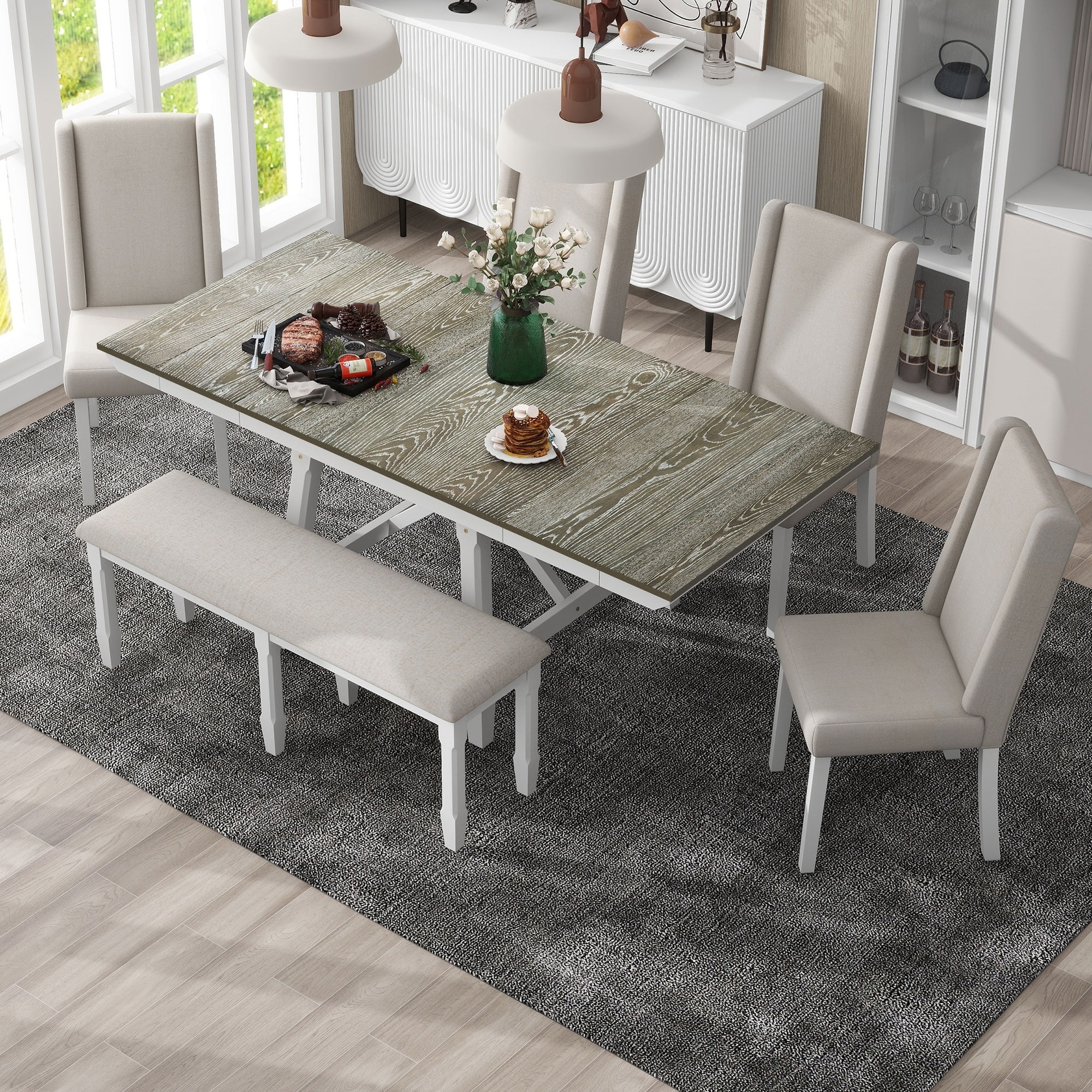 6-Piece Wood Rectangular Extendable Dining Set w/ Two 12