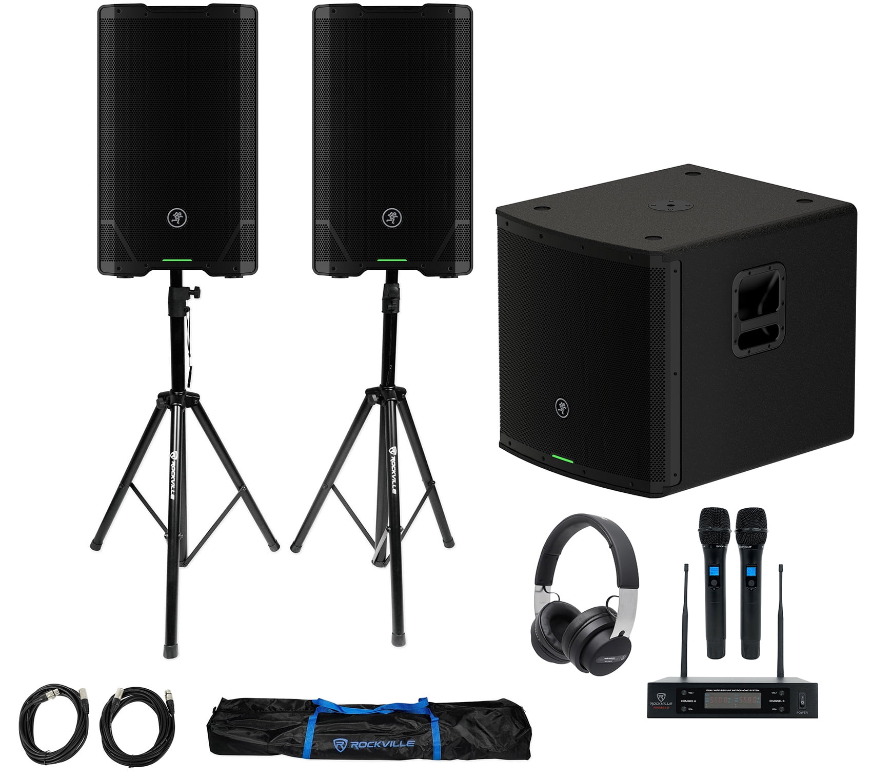 (2) Mackie SRT212 12” 1600 Watt Powered DJ PA Speakers+Stands+Sub+Headphones+Mic