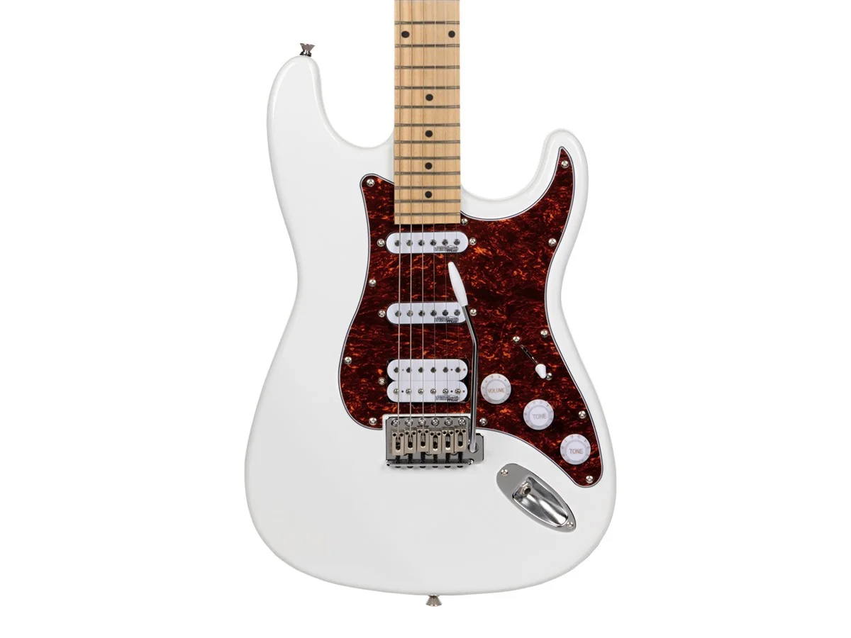 Monoprice Cali DLX Plus HSS Electric Guitar with Gig Bag - Ivory Ash Body, Wilkinson Bridge/Pickups, Tortoise Shell White Pickguard, Maple Fingerboard - Indio Series