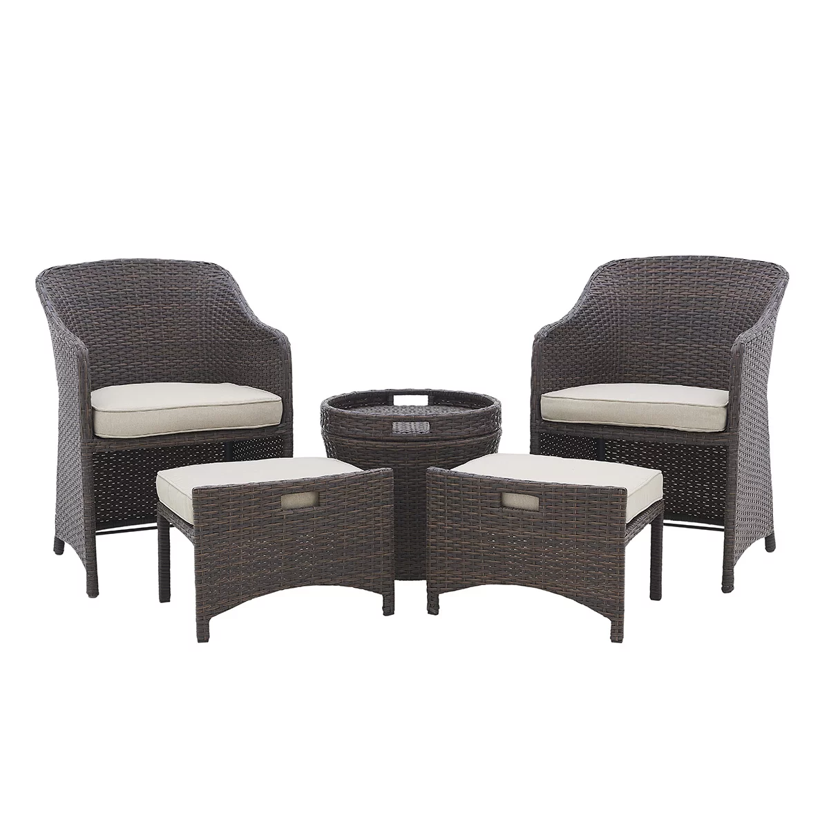 Barton 5 Pieces Patio Rattan Wicker Set 2 Seats Sofa Ottoman with Side Storage Table Beige Cushion