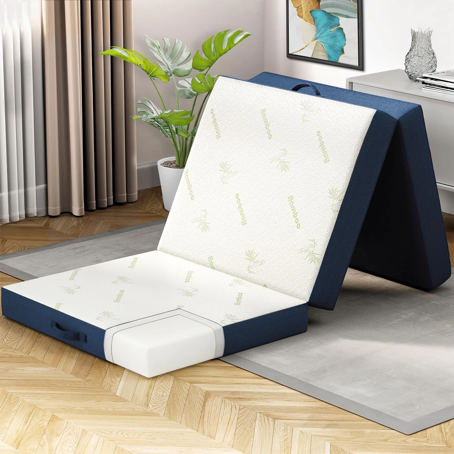 YILAN Trifold Mattress for Floor and Traveling with Removable Cover - Lightweight and Portable Mattress for Adults & Kids - Compact and Easy to Storage (75in x 31in x 4in, Navy)