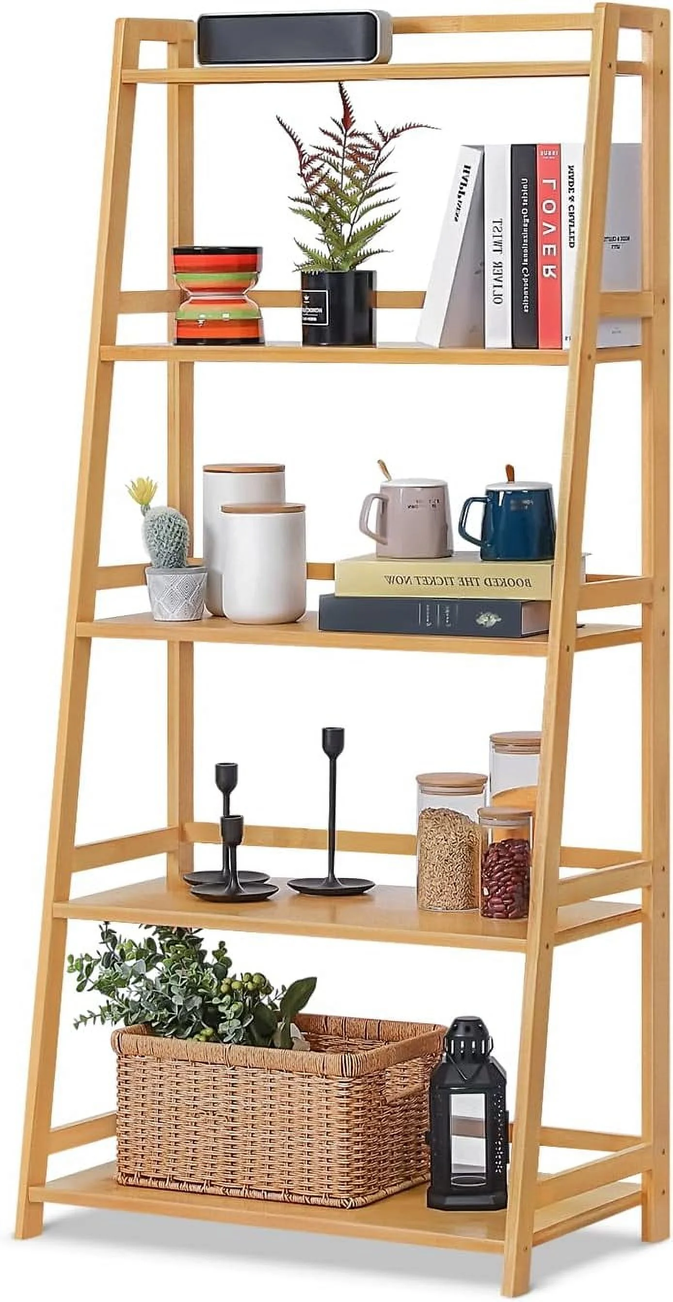 Bamboo Ladder Bookshelf 5-Tier Ladder Shelf Floor standing Display Shelving Units Storage Rack Plant Stand For Home Office Library (Natural, 27