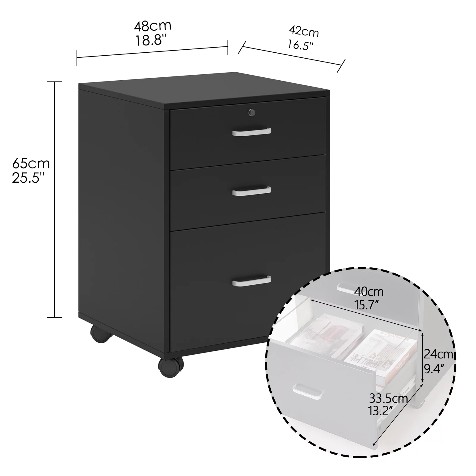 Soges 3 Drawer Mobile File Cabinet, Rolling Filing Cabinet, Modern Office Cabinet with Lock and Wheels, Black