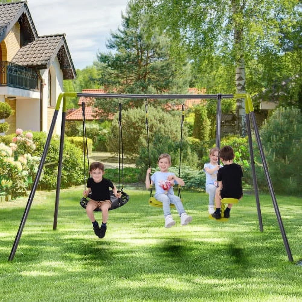 X XBEN Swing Set For Backyard, 330lbs Swing Set With Heavy-Duty A-Frame Metal Outdoor Swing Stand, 3 In 1 Swingset Outdoor For Kids, Height Adjustment