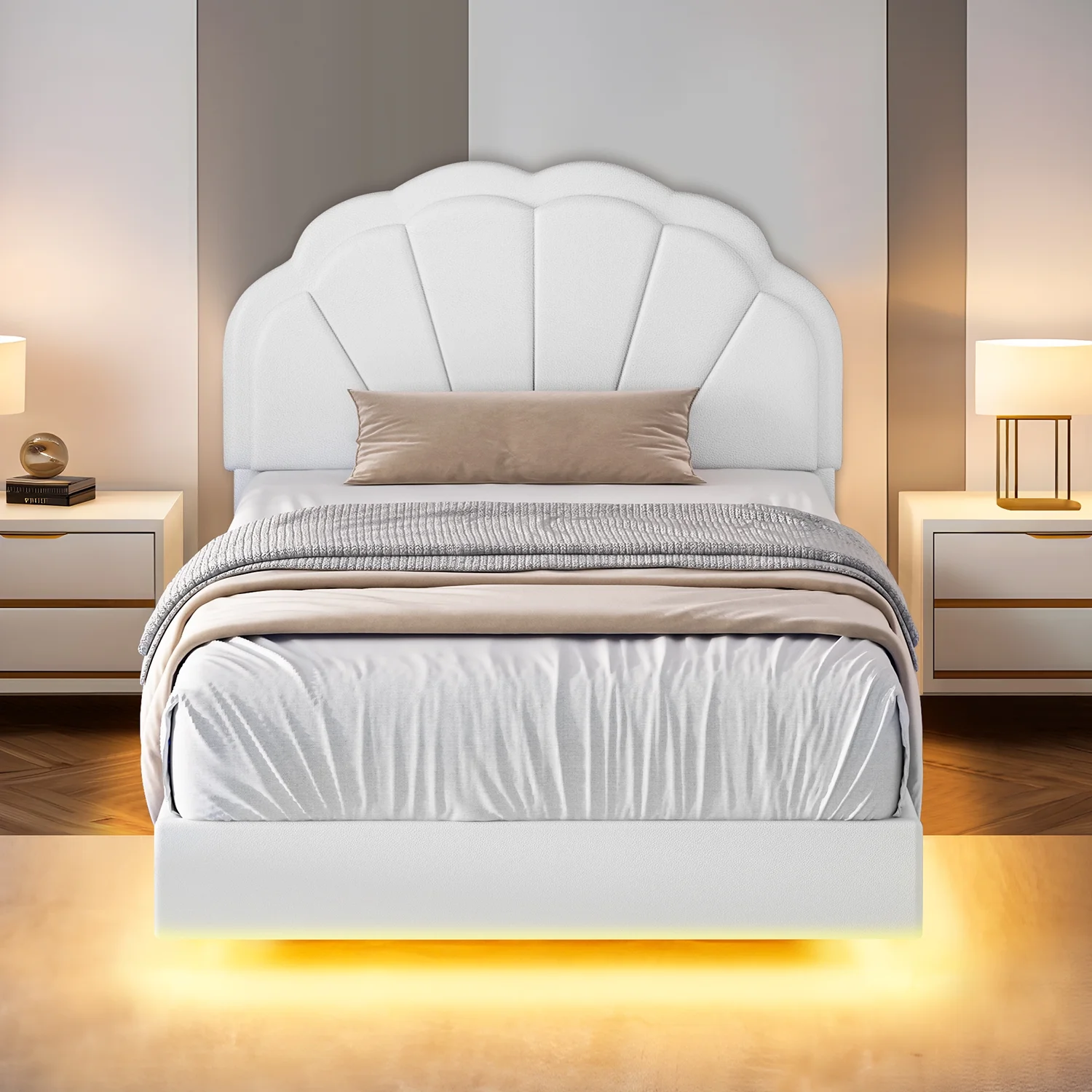 4 EVER WINNER Twin Size Floating Bed with LED Light, White LED Bed Frame with Flower Headboard, Upholstered Platform Bed Frame with Under Storage, White