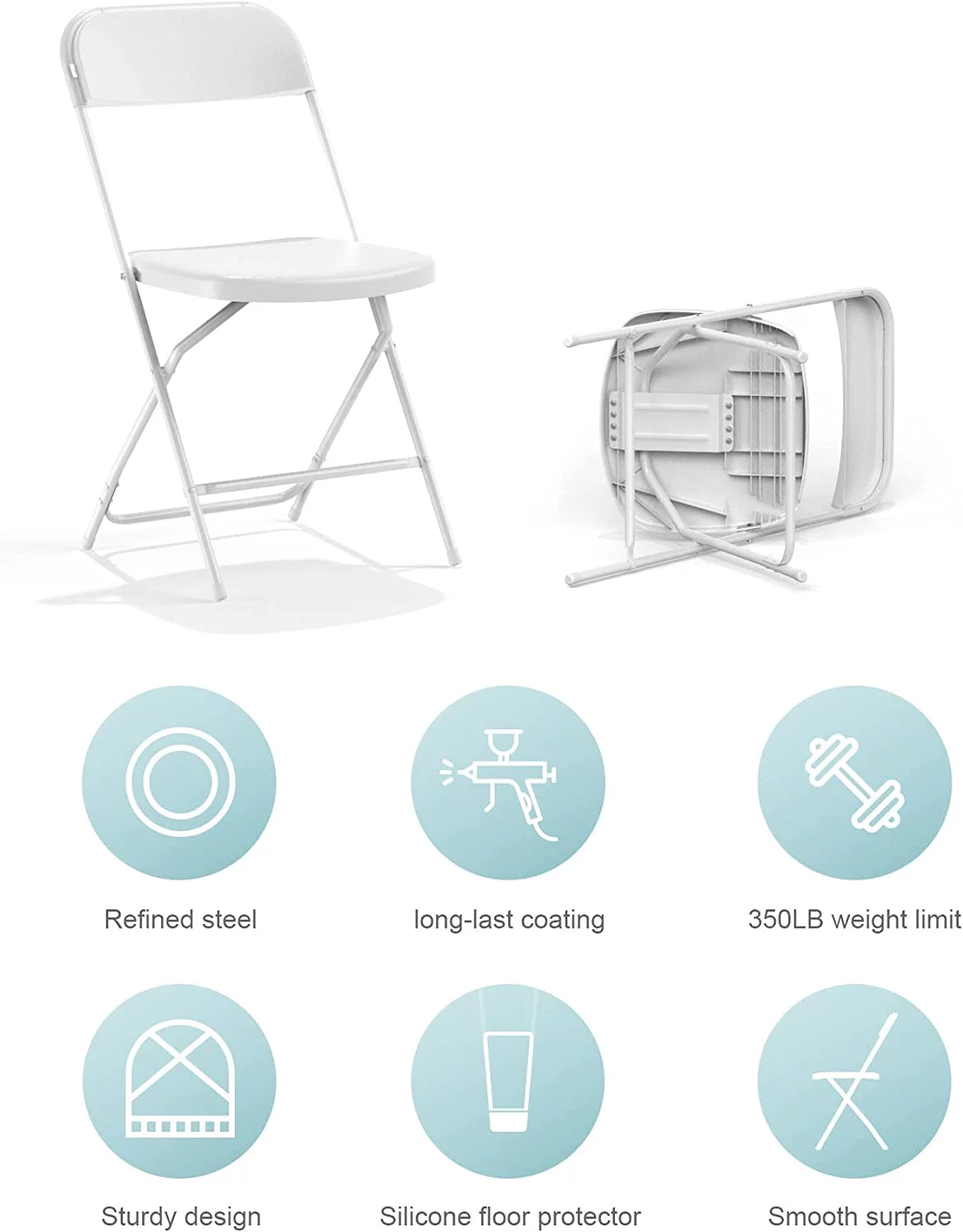 Foldable Folding Chairs Plastic Outdoor/Indoor 650LB Weight Limit (White, 6 Pack)
