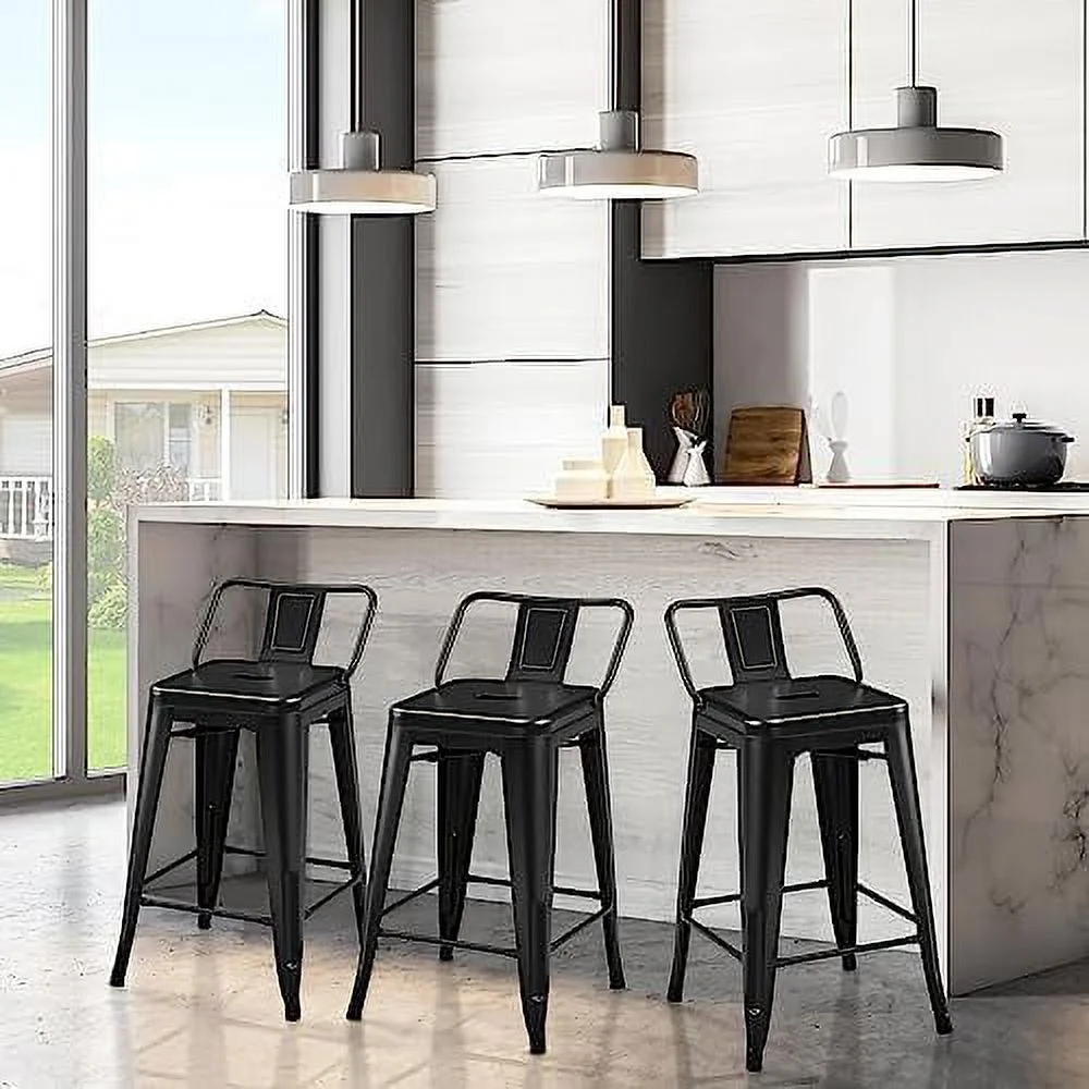 NLTBONNIE 26 inch Metal  Stools Set of 4 Counter Height Barstools with Low Back Indoor Outdoor Kitchen Stools Modern Industrial  Chairs Matte Black