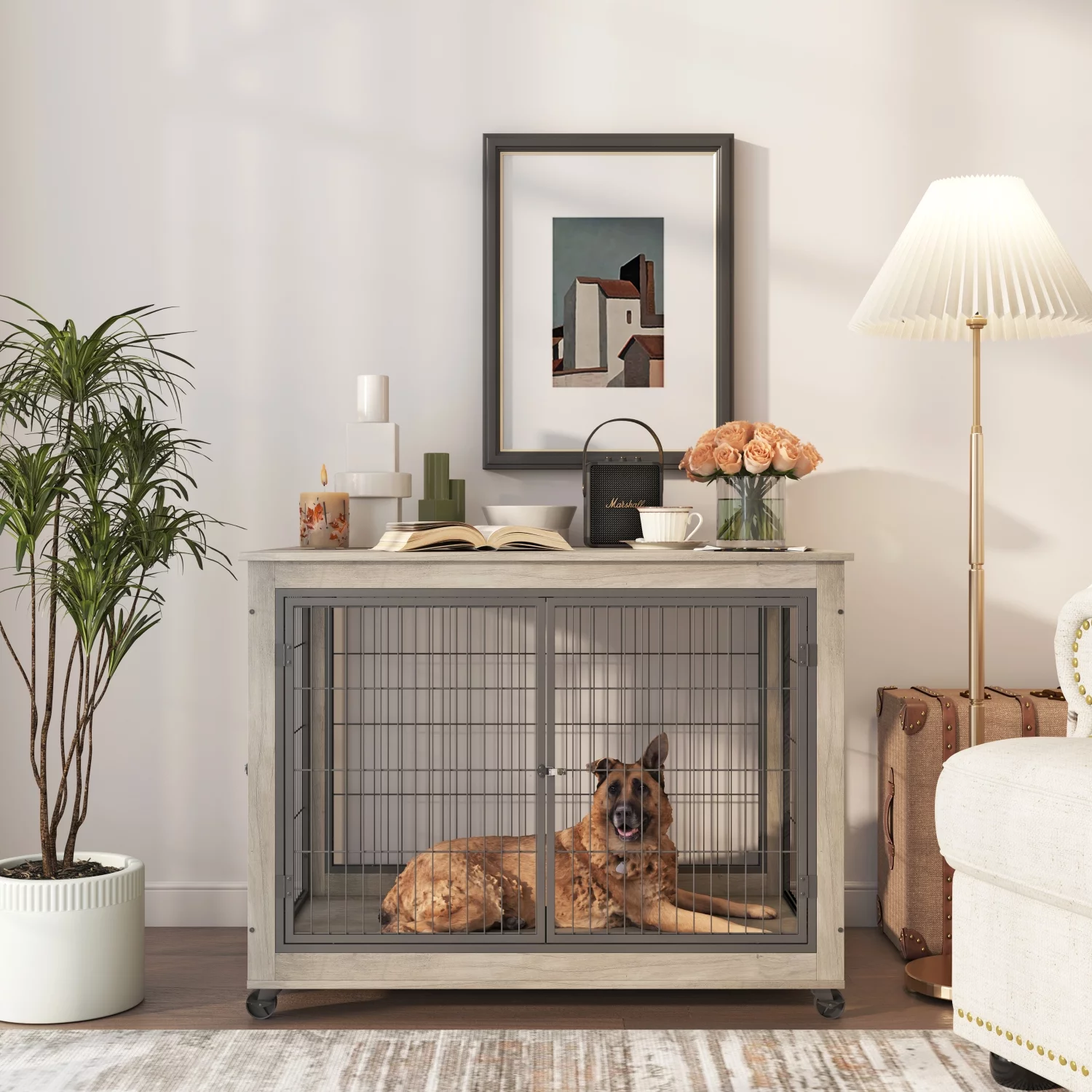 Furniture Style Dog Crate Side Table on Wheels with Double Doors and Lift Top. Grey  43.7‘‘ W x 30‘‘ D x 31.1‘‘ H.