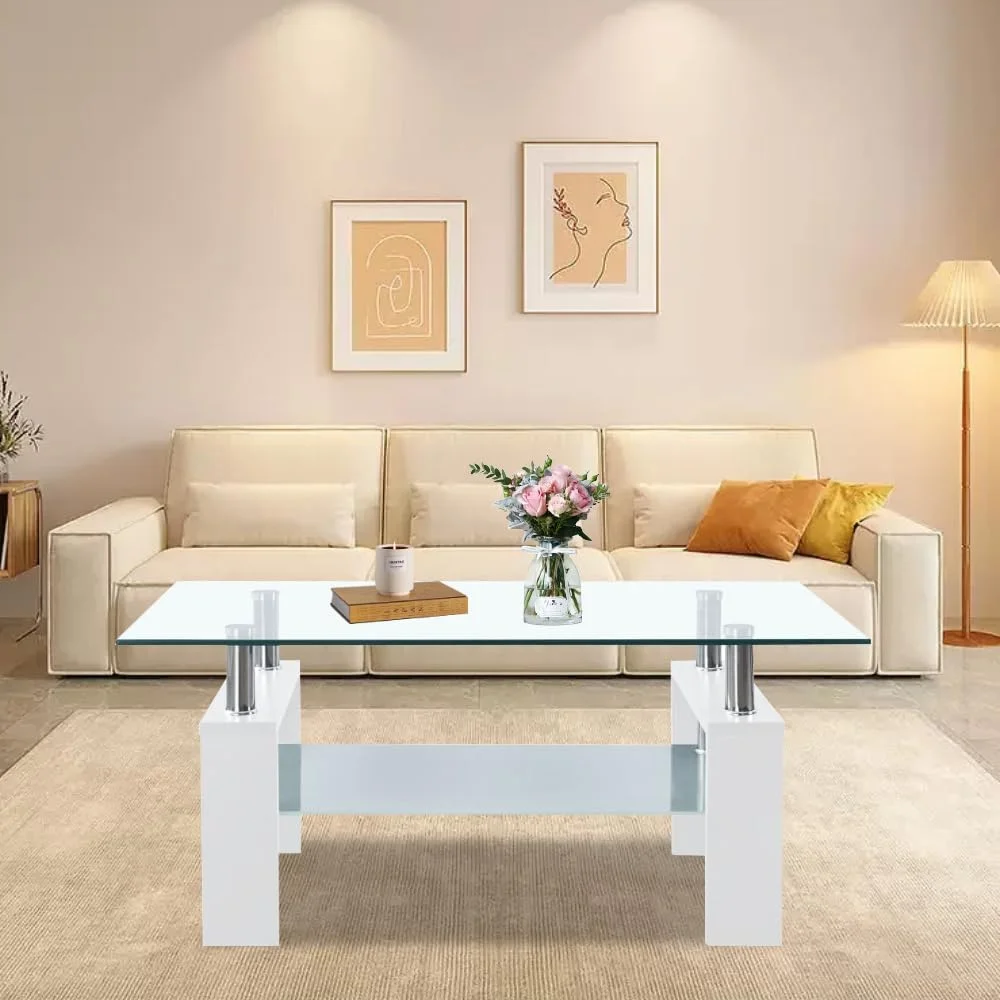 Coffee Table For Living Room, Modern Coffee Table With Storage, 2-Tier Glass Center Table With Wooden Legs, Simple Design Home Furniture, White