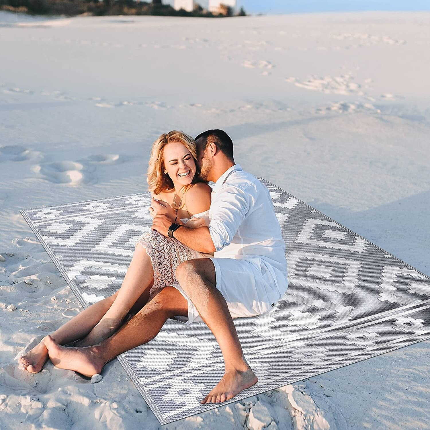 Playa Rug Milan Lightweight Reversible Recycled Plastic Outdoor Floor Mat/Rug Gray&White 5'x7' 5' x 8'