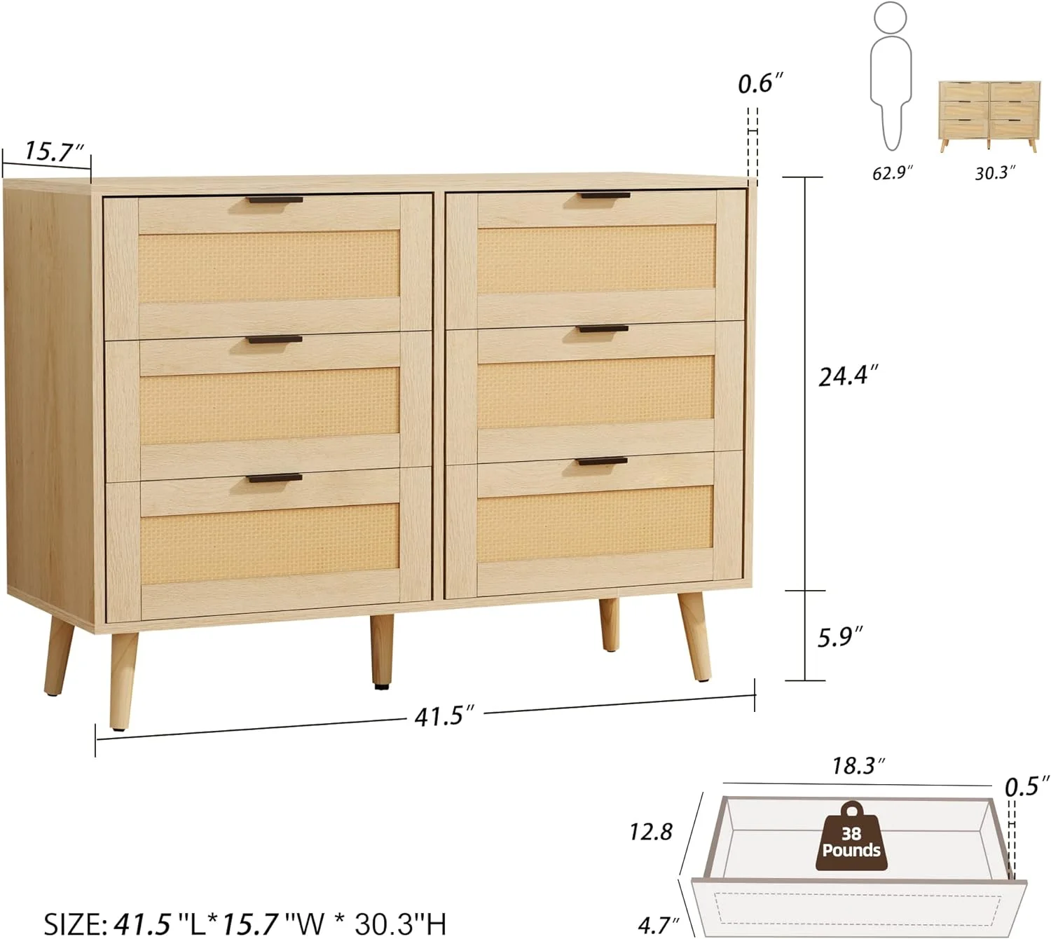 xrboomlife 6 Drawer Double Dresser  Dual Chest of Drawers Modern Dresser for Bedroom with Rattan Door (Natural)