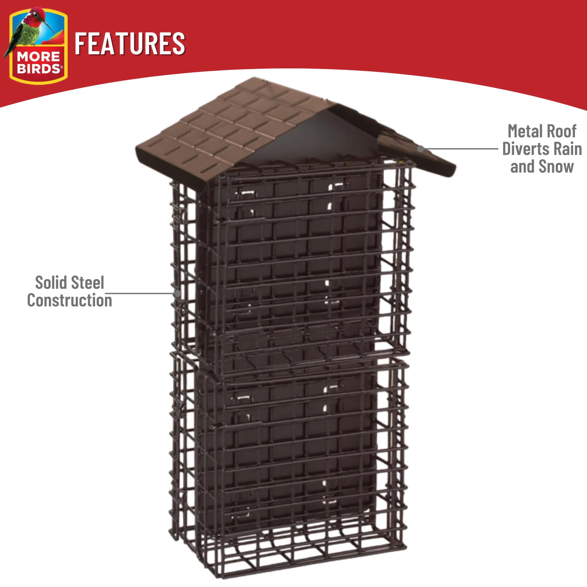 More Birds Suet Buffet Bird Feeder with Roof, 4 Cake Capacity, Black