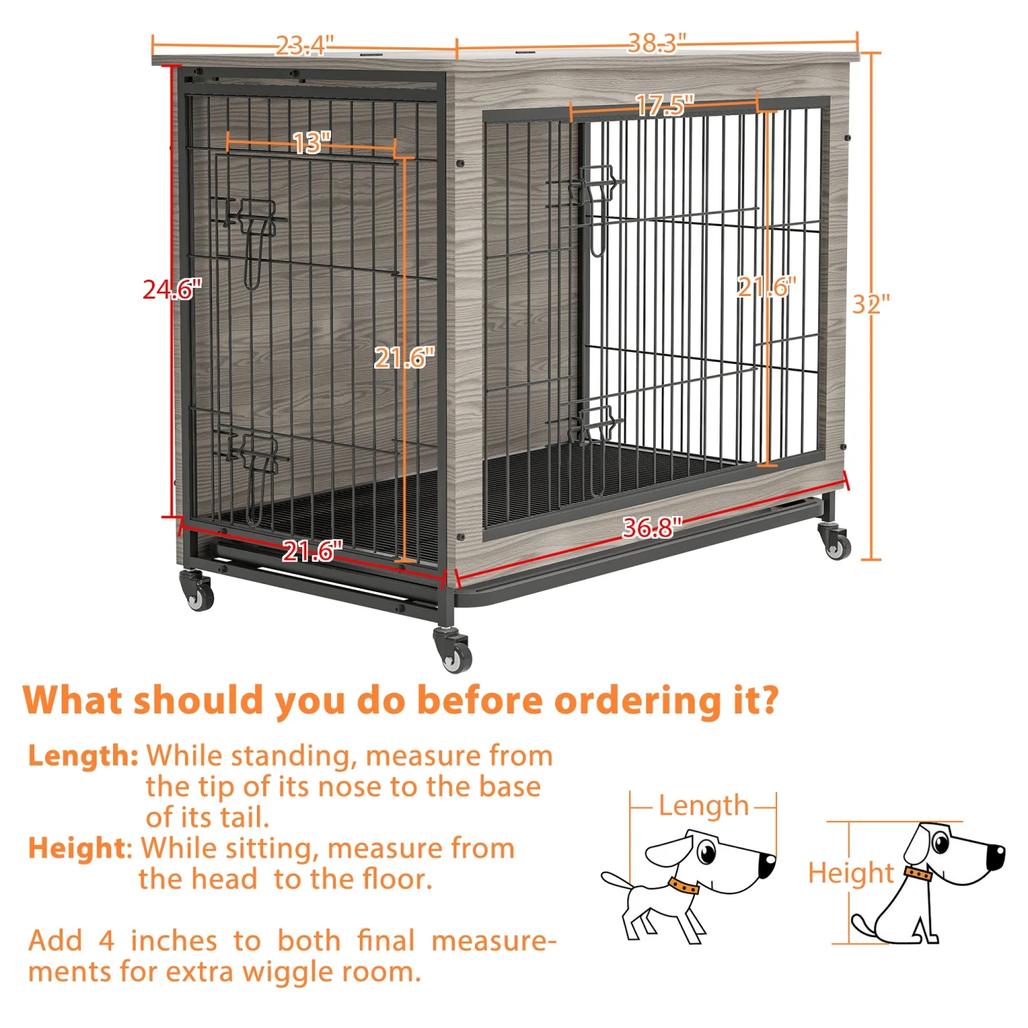 JHOOTUUO Dog Crate    38‘‘ Heavy Duty Wooden Dog Kennel with Double Doors & Flip-Top for Large Dogs   Style Dog Crate End  with Wheels  Grey 38.3”L X 23.4”W X 32”H