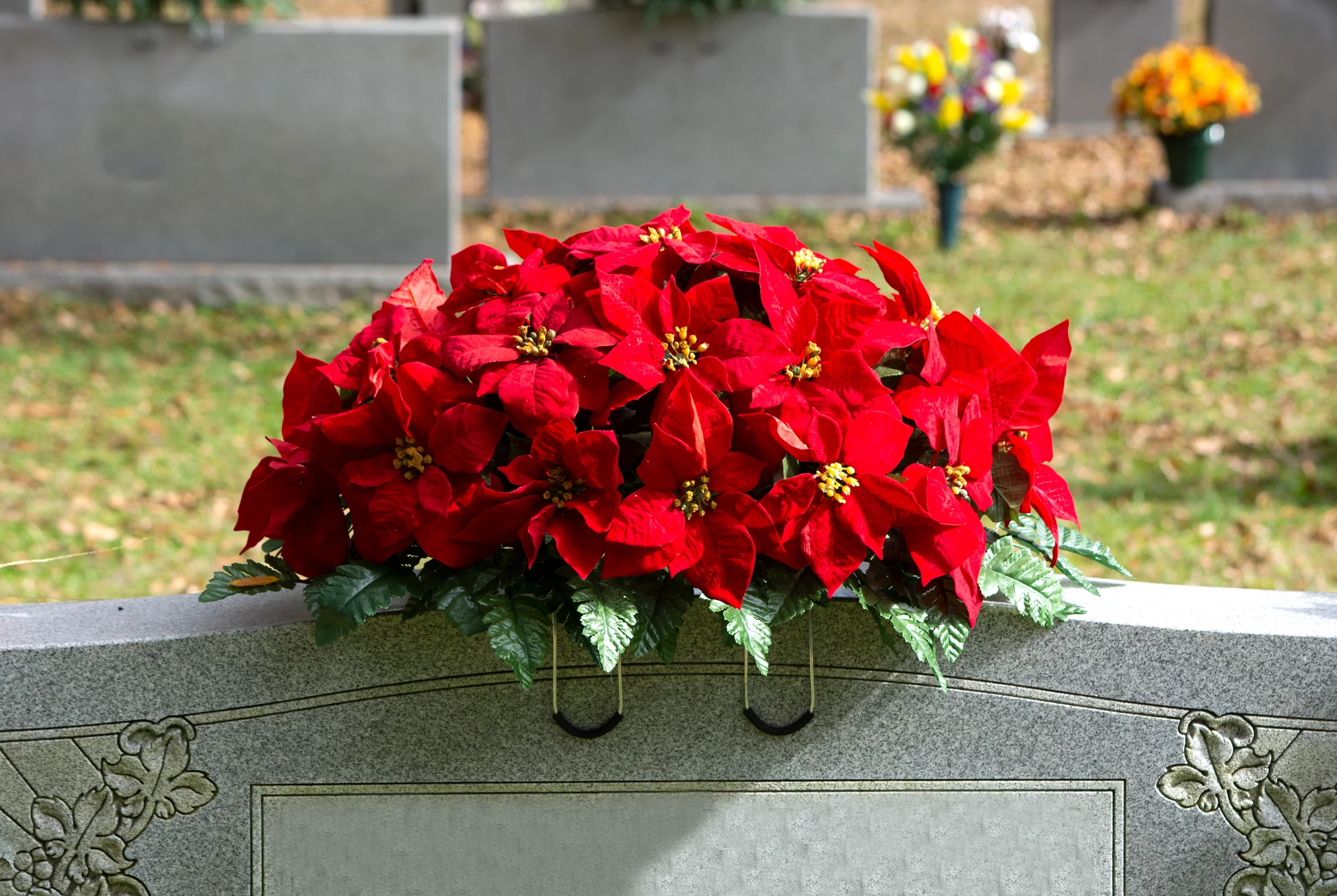 Sympathy Silks Artificial Cemetery Flowers 1 Red Poinsettia Bouquet & 1 Red/White Saddle