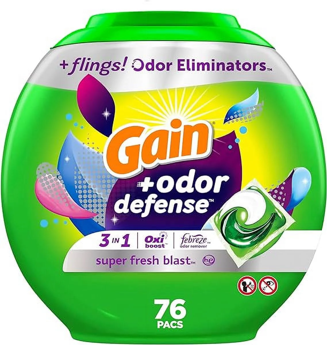 Gain flings Laundry Detergent Pacs with Odor Defense HE Compatible 76 Ct 3in1 Detergent Pacs with Febreze and Oxi Super Fresh Blast Scent