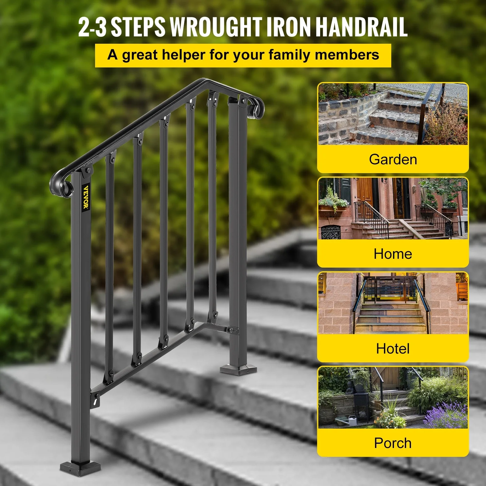 VEVOR Handrails for Outdoor Steps 1-4 Adjustabel Steps Outdoor Stair Railing Wrought Iron Handrail Flexible Porch Railing 2-3 Steps