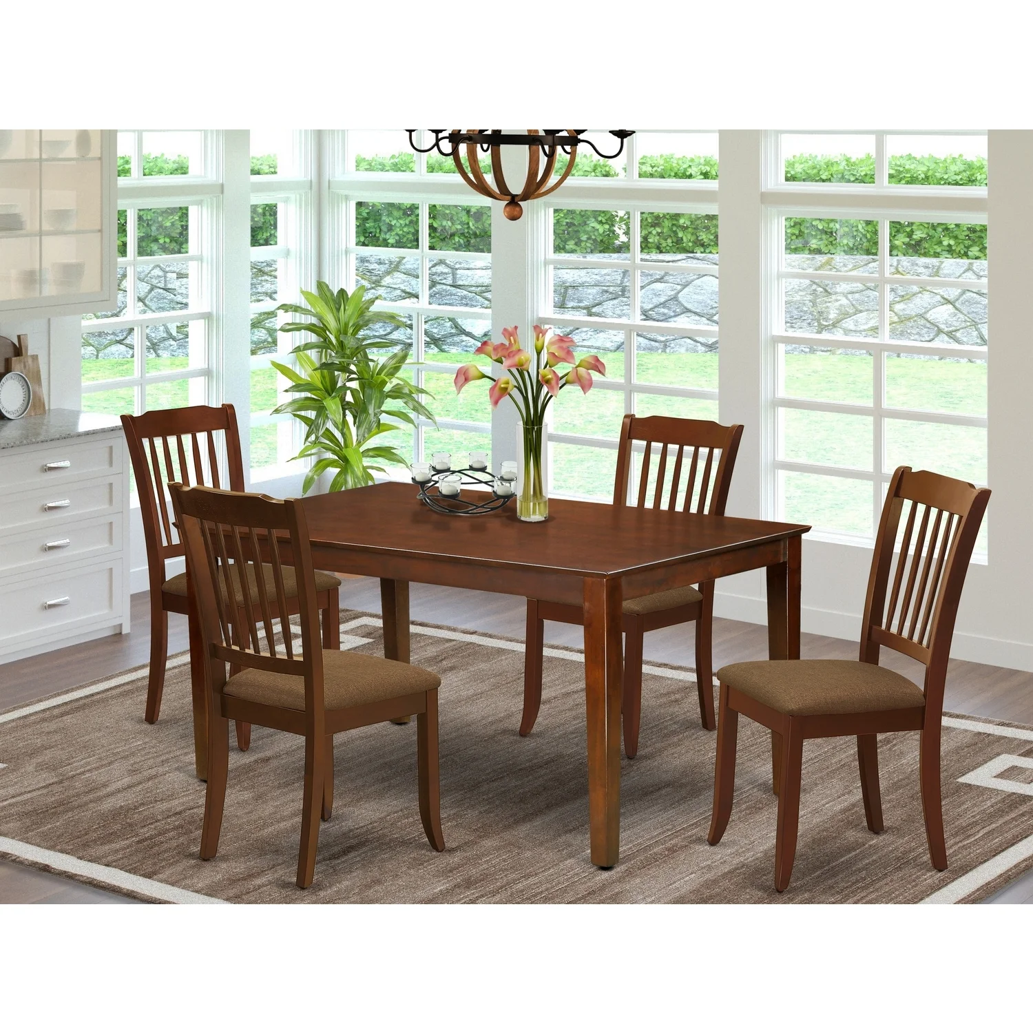 HomeStock Retro Renaissance 5Pc Dining Set Includes A Rectangle Dinette Table And Four Vertical Slatted Linen Seat Kitchen Chairs, Mahogany Finish
