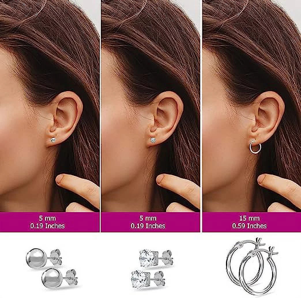 LeCalla 925 Sterling Silver Set of 3 Pairs Light-Weight SMALL Click-Top Hoop Earrings Italian Design Cubic Zirconia Simulated Pearl Stud Earrings Gifts for Women and Teen Girls (5MM, 5MM, 15MM)