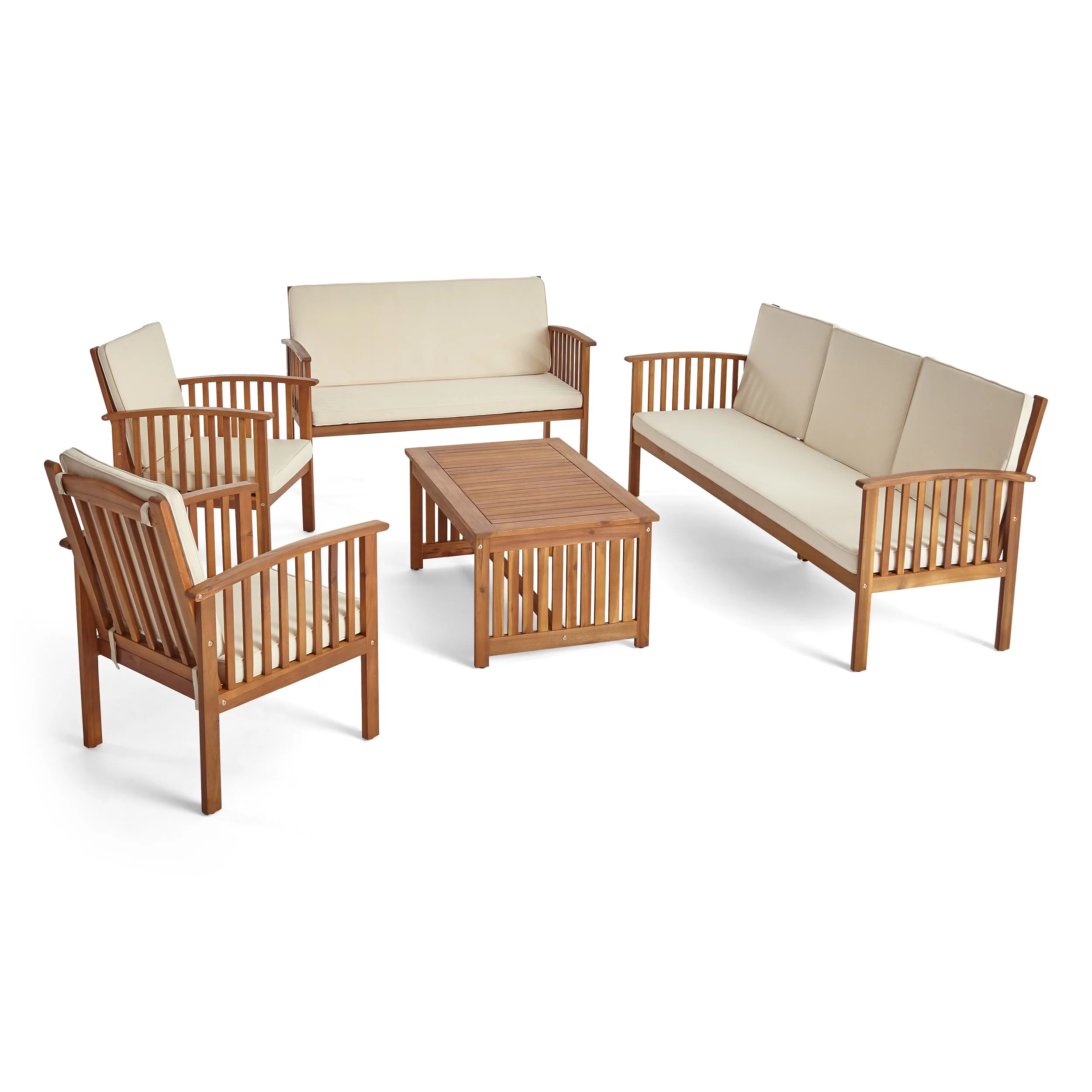 GDF Studio Giles Outdoor 5 Piece Acacia Wood Conversational Set, Teak and Cream
