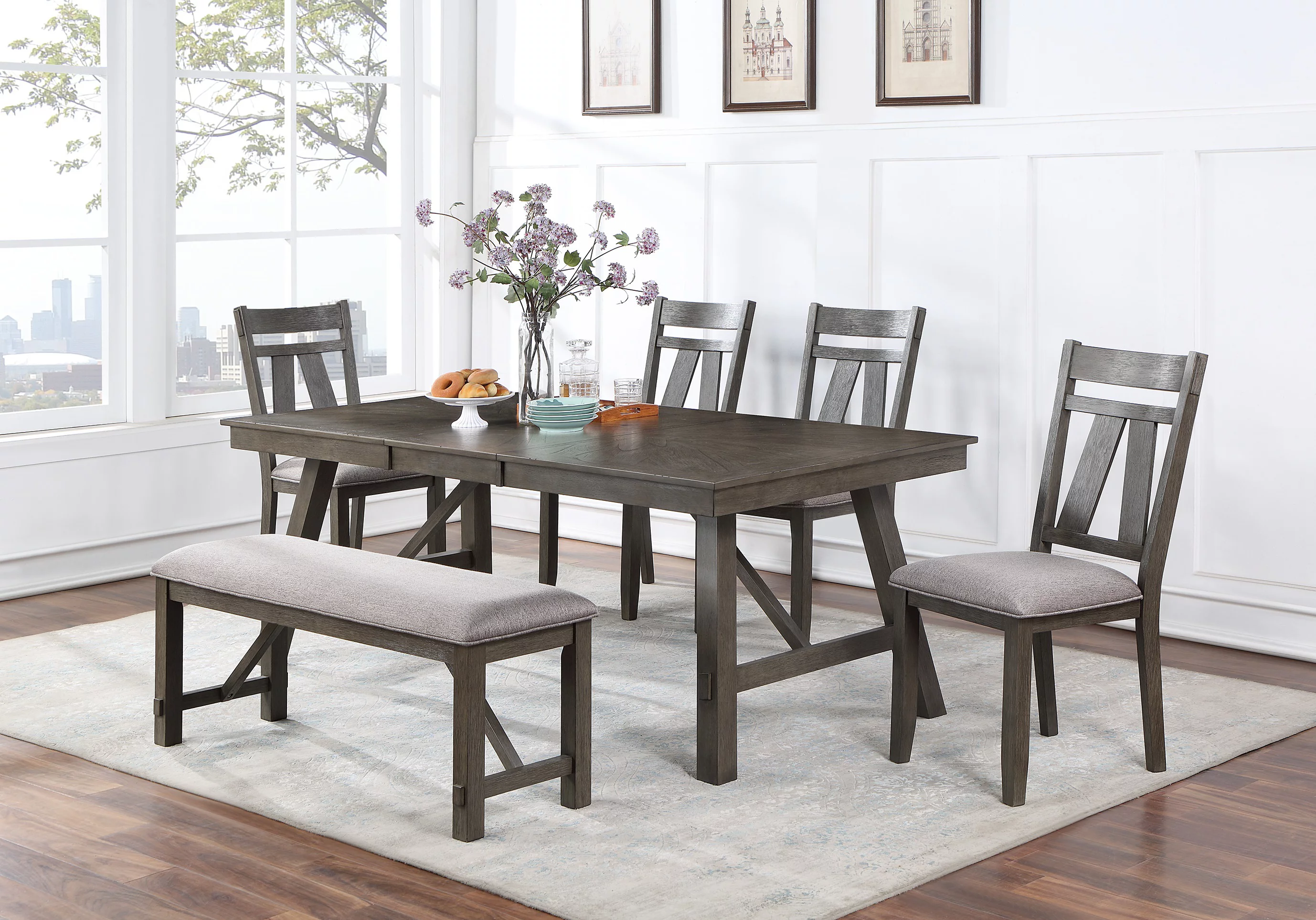 Dining Room Furniture Dining Table Rich Dark Brown Finish Table w Grey Wooden Top 1pc Rectangular Table with Leaf