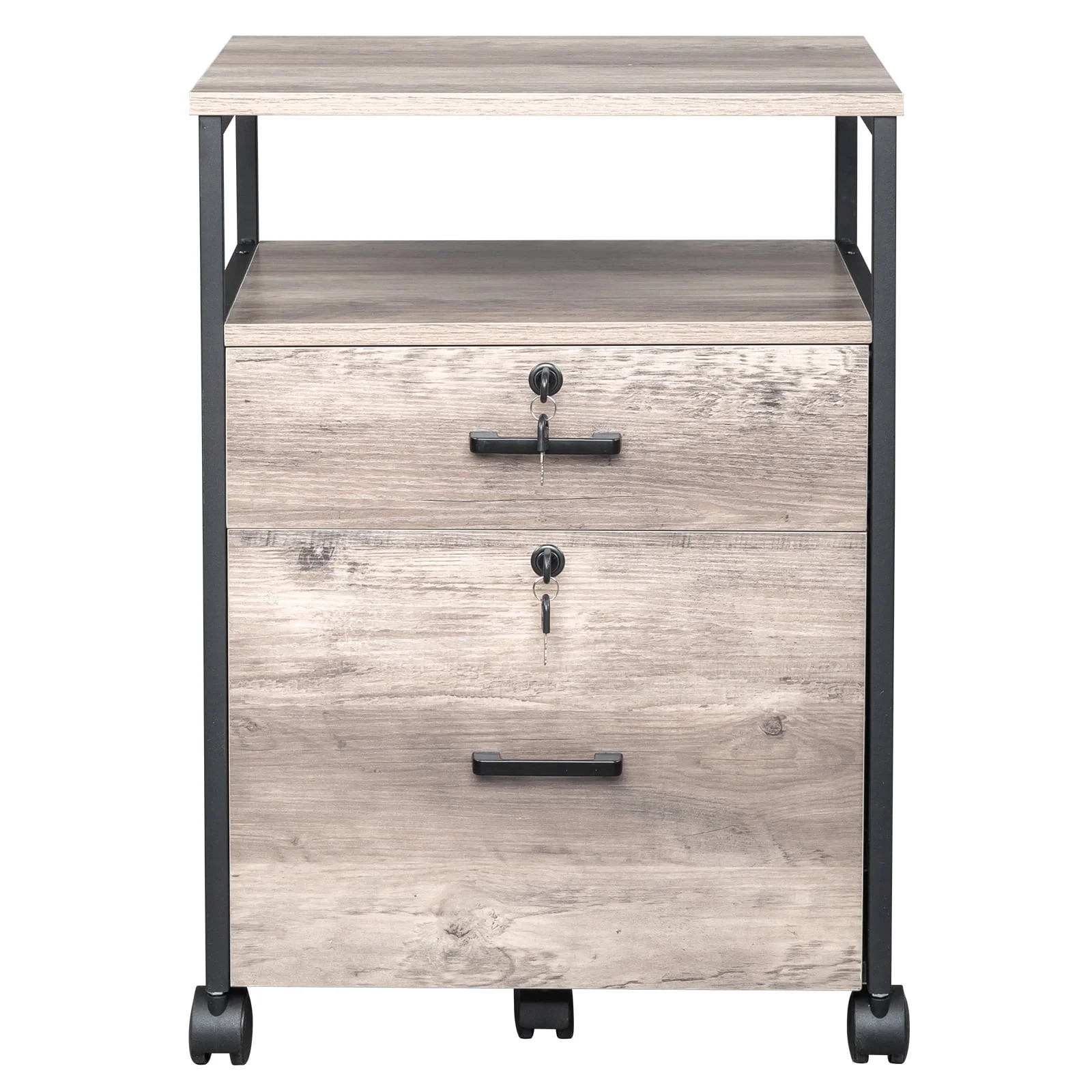 2-Drawer Rolling Wood File Cabinet with Lock and Shelf, Legal&Letter Size Mobile Wooden Storage Filing Cabinet for Home Office, Oak+Black