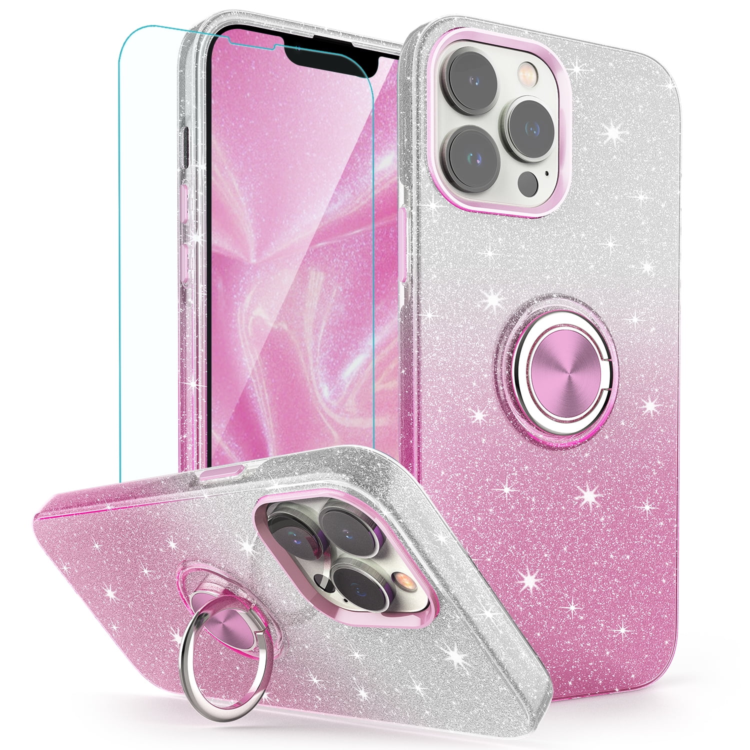 TJS Phone Case for iPhone 12 Pro Max Case, with Tempered Glass Screen Protector, Two Tone Shinny Glitter Metal Ring Magnetic Support Kickstand Phone Cover (Pink)