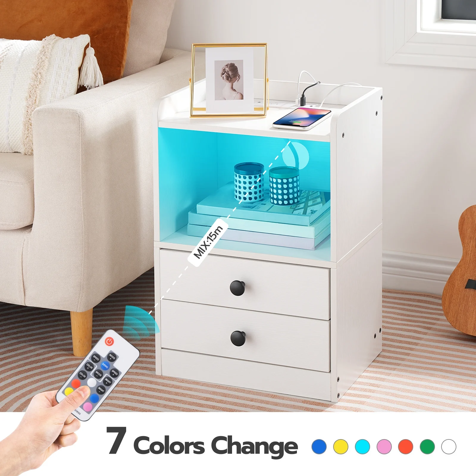 HOOBRO Set of 2 Nightstand with Charging Station and LED Light Strip Side Table with 2 Drawers Bedroom Cloakroom White WT28UDBZP201