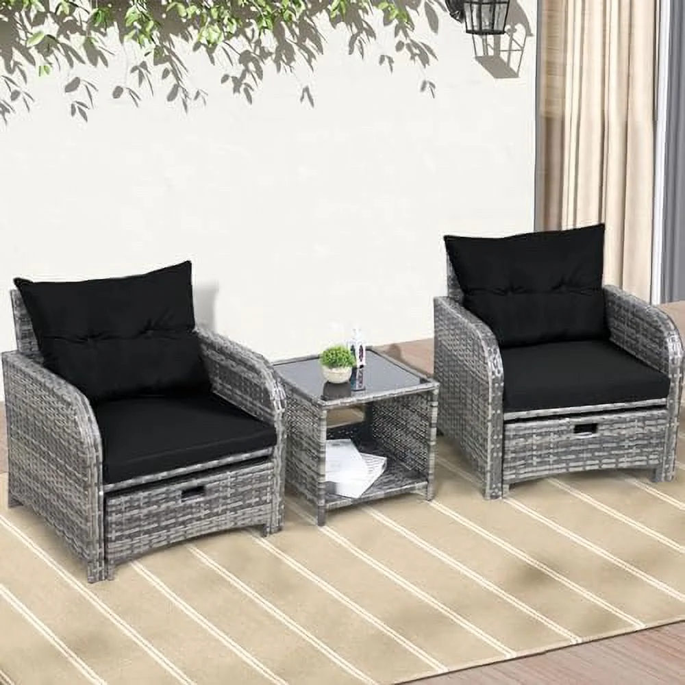 xrboomlife 5 Pieces Wicker Outdoor Patio Chairs Set with Ottoman  Patio Conversation  Set with Ottoman Underneath All Weather PE Rattan Balcony  Set & End Table  Black
