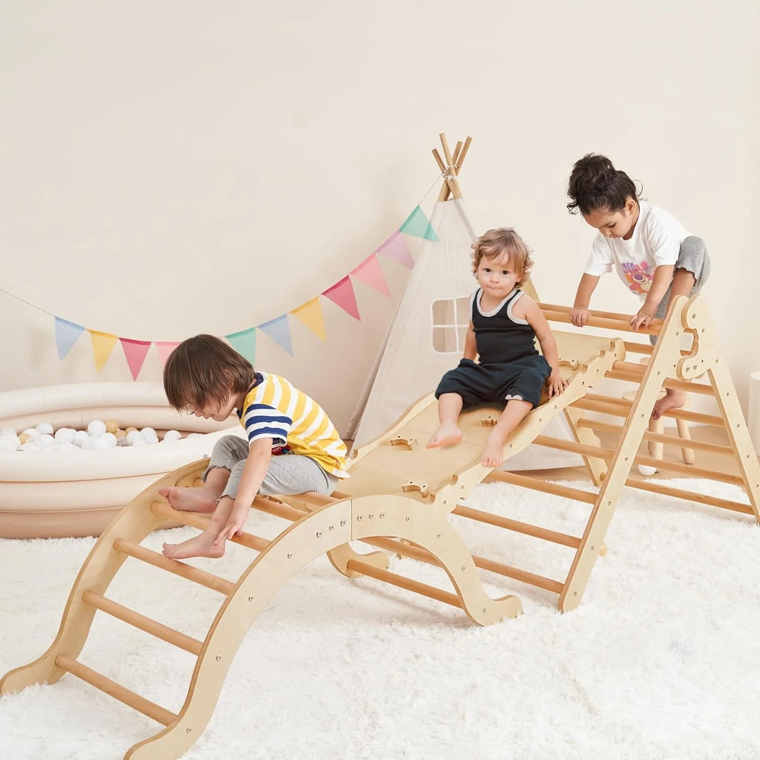 YOUB Large 100 Inch 5 in 1 Pikler Triangle Set, Baby Climbing Toys Indoor Playground, Foldable Toddler Climbing Toys, Wooden Montessori Climbing Set for 1-10 Years, Jungle Gym for Kids, 2024 New