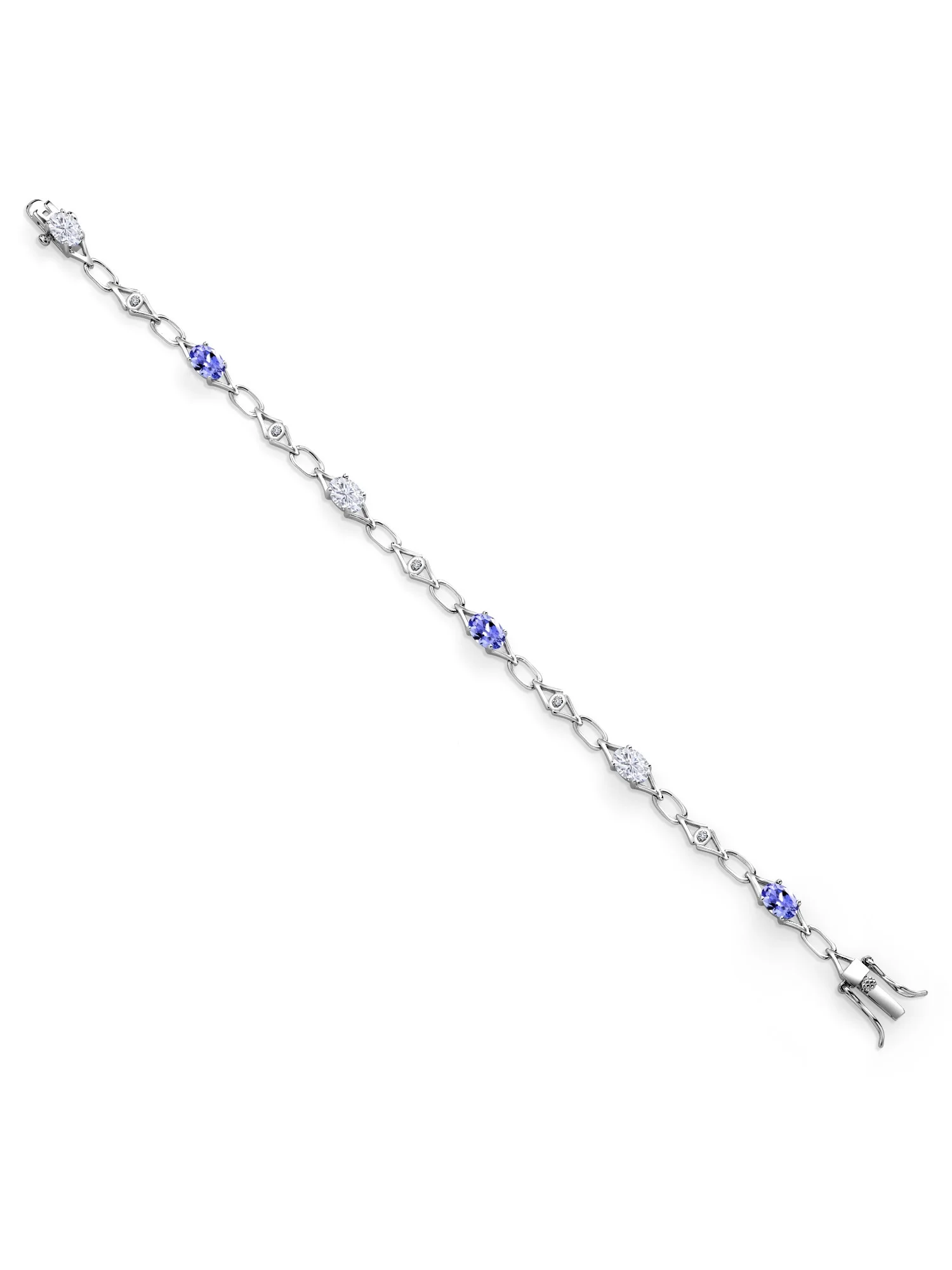Gem Stone King 925 Sterling Silver White Moissanite and Blue Tanzanite and Round White Lab Grown Diamond Tennis Bracelet for Women (2.89 Cttw, Gemstone Birthstone, Oval 6X4MM, 7.25 inches)