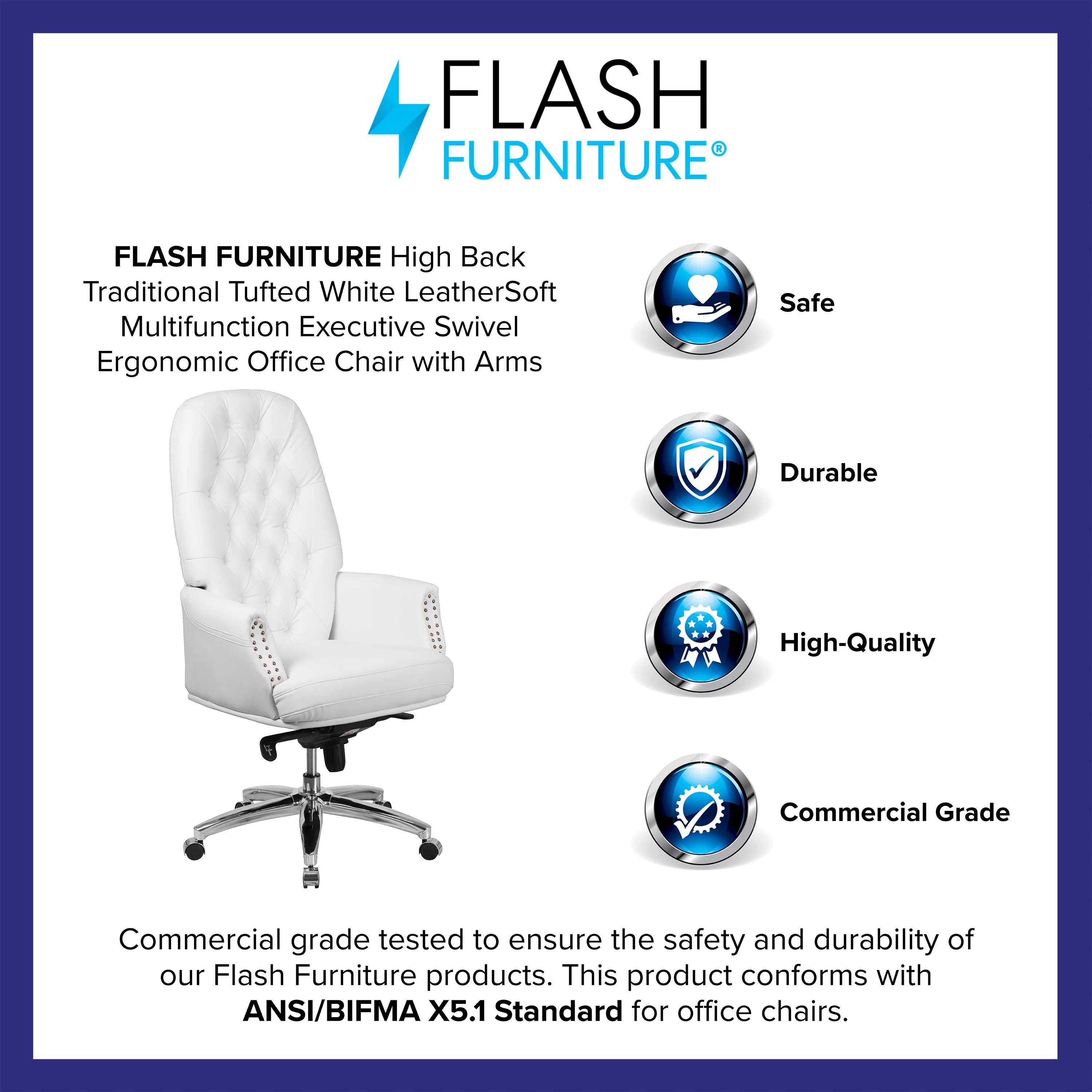 Flash Furniture Hansel High Back Traditional Tufted White LeatherSoft Multifunction Executive Swivel Ergonomic Office Chair with Arms