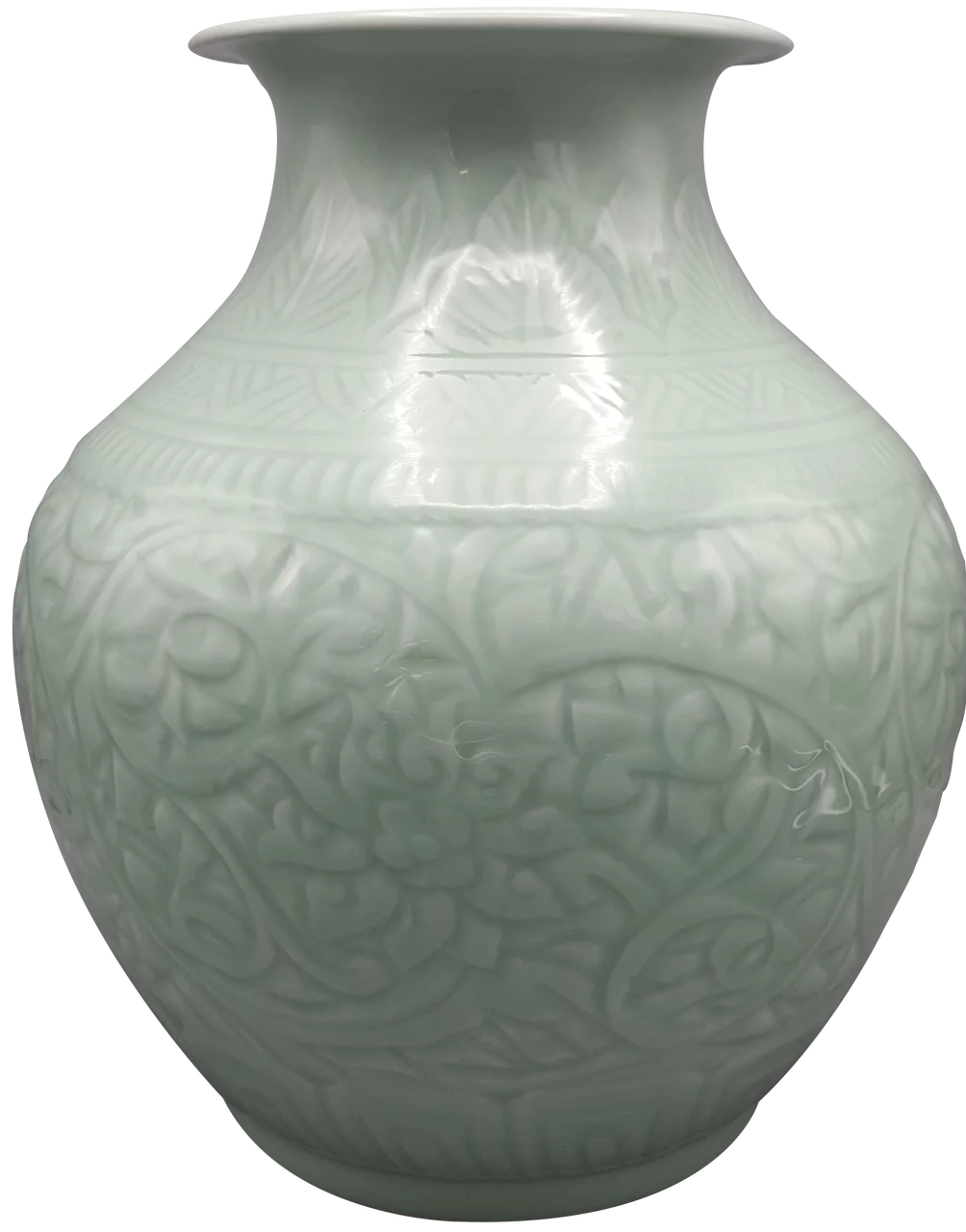 Celadon Vase Wide Mouth Carved Floral - Oriental Furniture Warehouse