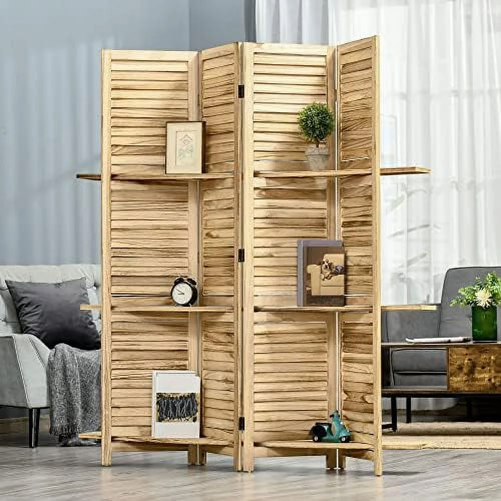 TQNJYGX 4 Panel 67" Tall Wood Privacy Screen Room Divider with 3 Display Shelves  and Folding  for Bedroom or Home Office  Grey