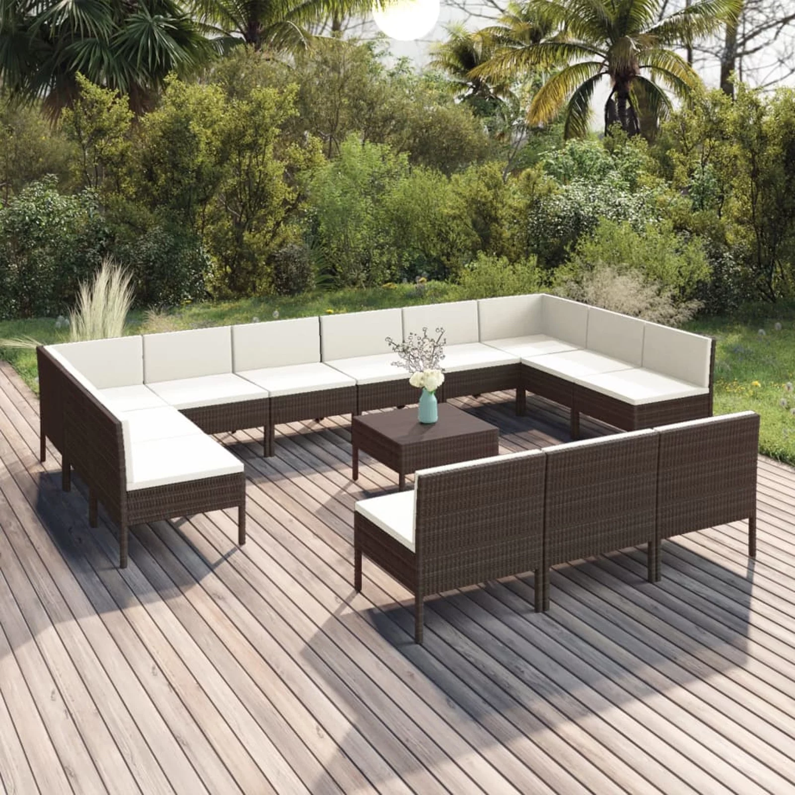 Anself 14 Piece Patio  Set  Conversation Set with Cream White Cushion Brown Poly Rattan Sectional  Furniture Set for Patio, Backyard, Patio, Balcony
