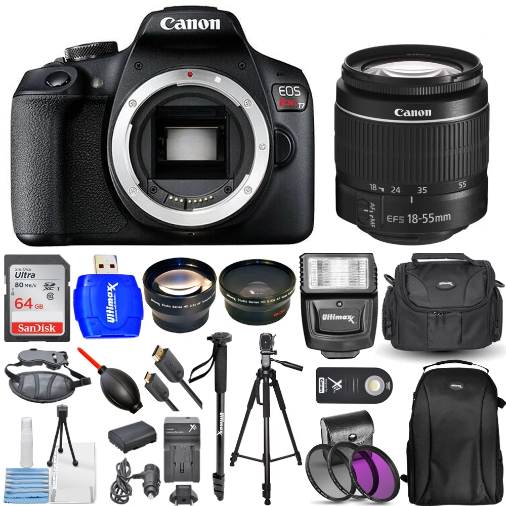 Canon EOS Rebel T7 18-55mm III Lens Bundle with Extra Battery, 64GB SD, Flash, Filter Kit, Backpack and More