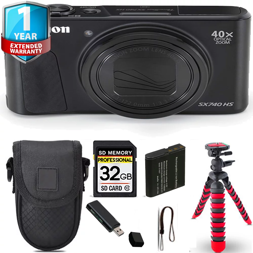 Canon PowerShot SX740 HS Digital Camera (Black) + Spider Tripod + Case+ 1 Yr Warranty