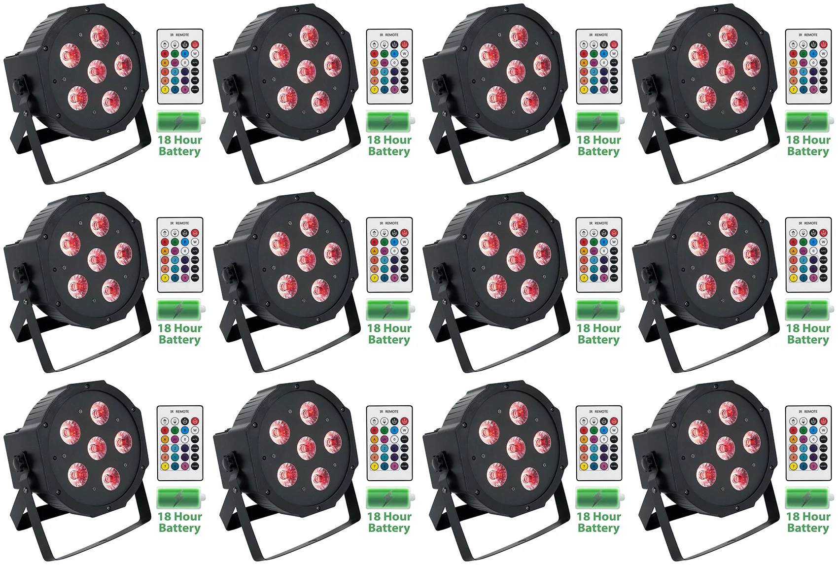 (12) Rockville BATTERY PAR 61 Rechargeable RGBWA+UV DMX DJ Wash Lights+Remotes