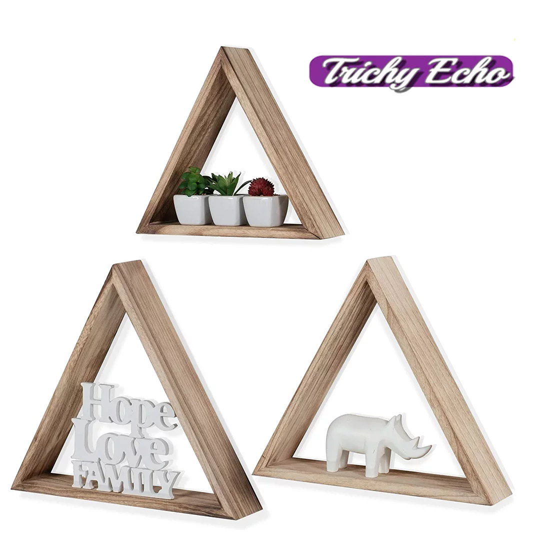 Wall Mount Triangle Wooden Box Geometric Floating Shelf Distressed Walnut Varying Sizes Set of 3