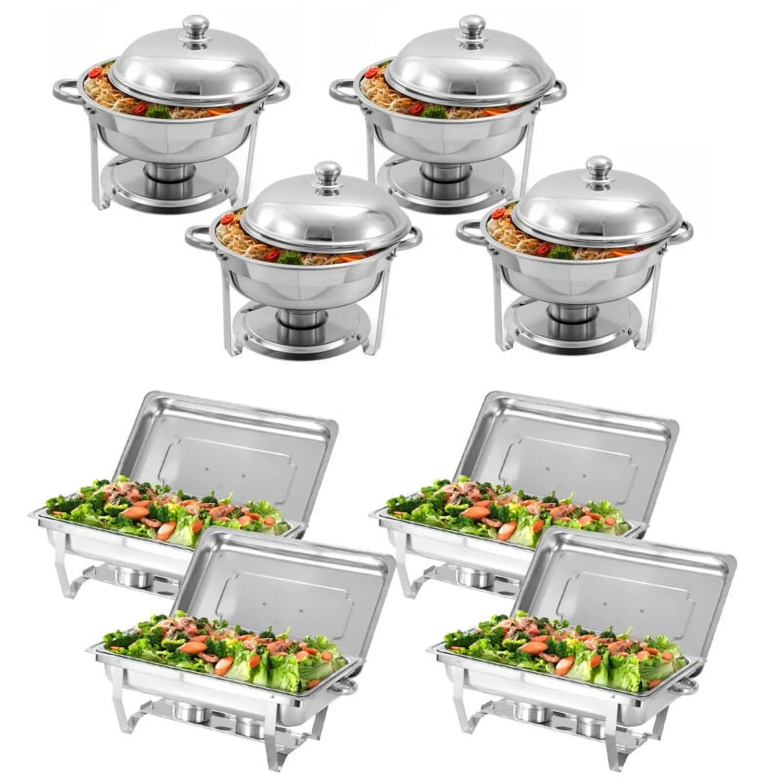 JSTUOKE Chafing Dish Set 8 Pack,4 Full Pan Rectangular 8QT+4 Round 6QT for Catering Party Festival