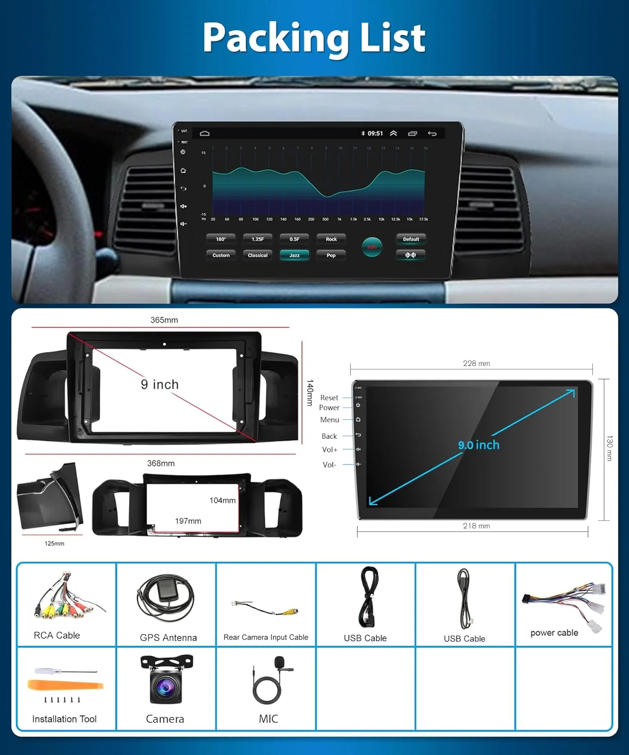 THONZER 1G+32G Android 9 Inch Car Stereo for Toyota Corolla ex 2007-2012 with Wireless Carplay, Rimoody Touch Screen Car Radio Bluetooth GPS WiFi FM Mirror Link RCA USB SWC + Backup Camera