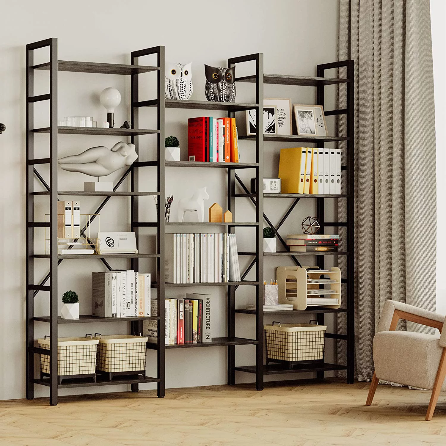Bookcases and Bookshelves Triple Wide 6 Tiers Industrial Bookshelf, Large Etagere Bookshelf Open Display Shelves with Metal Frame for Living Room Bedroom Home Office