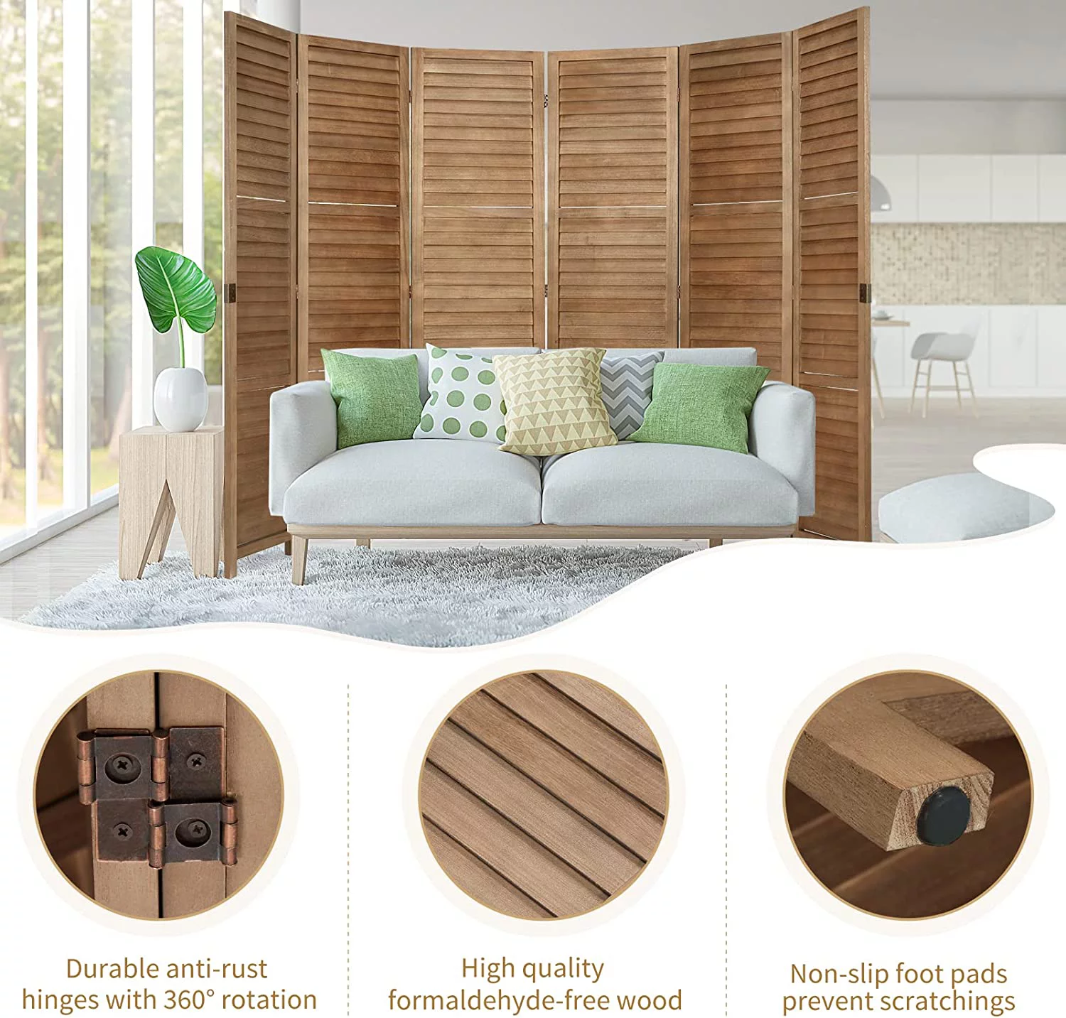 YODOLLA 5.6 ft Tall Room Divider 6 Panel Wood Privacy Screen Freestanding Partition Wall Divider, Natural