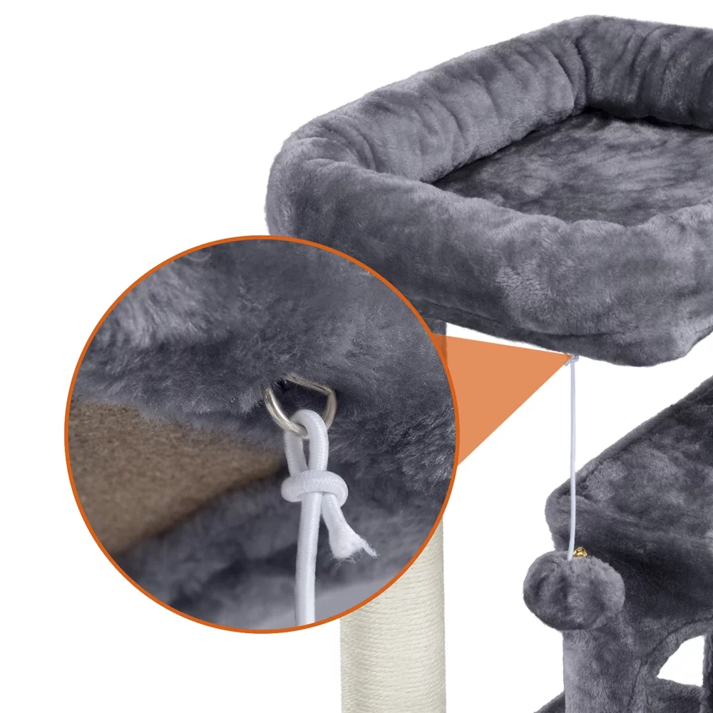 Easyfashion Multilevel Plush Cat Tree with Double Condos and Furry Ball,Dark Gray