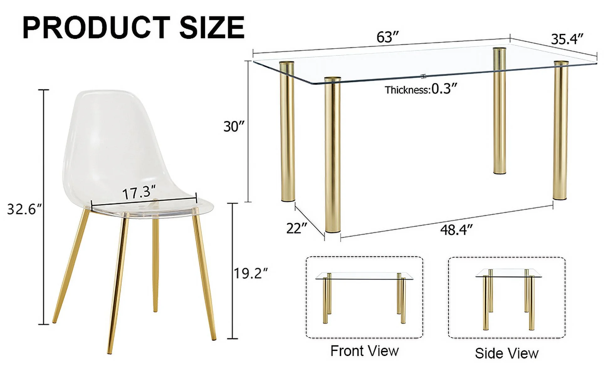 Upgrade your Dining Room with Luxurious T-003 TW-1200 4-Piece Dining Set featurning Crystal Clear Tempered Glass Tabletop and Gold-Plated Metal Legs. This set includes Modern Armless Chai