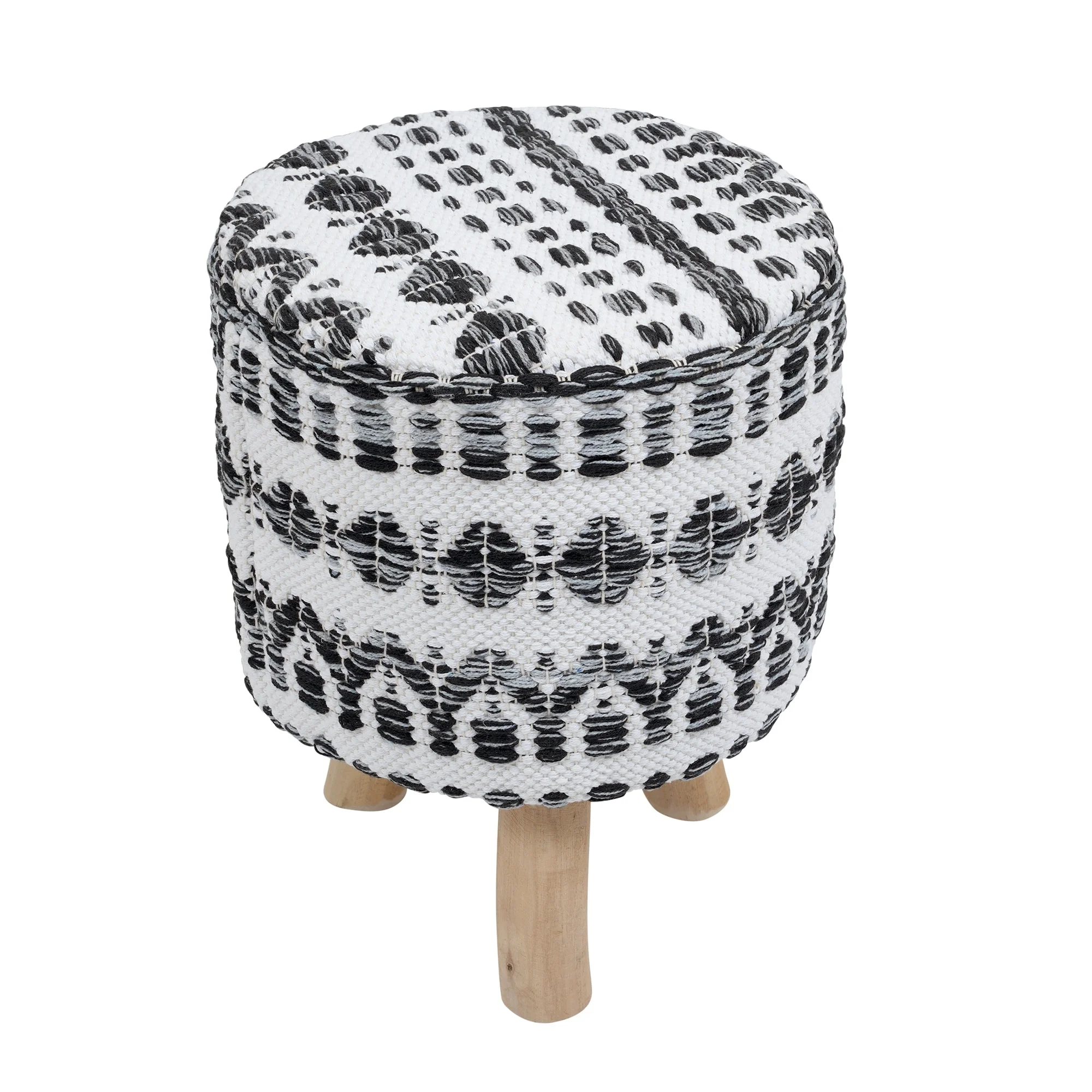 Pasargad Home Grandcanyon Cotton with Wooden Legs Pouf Footstool White/Black